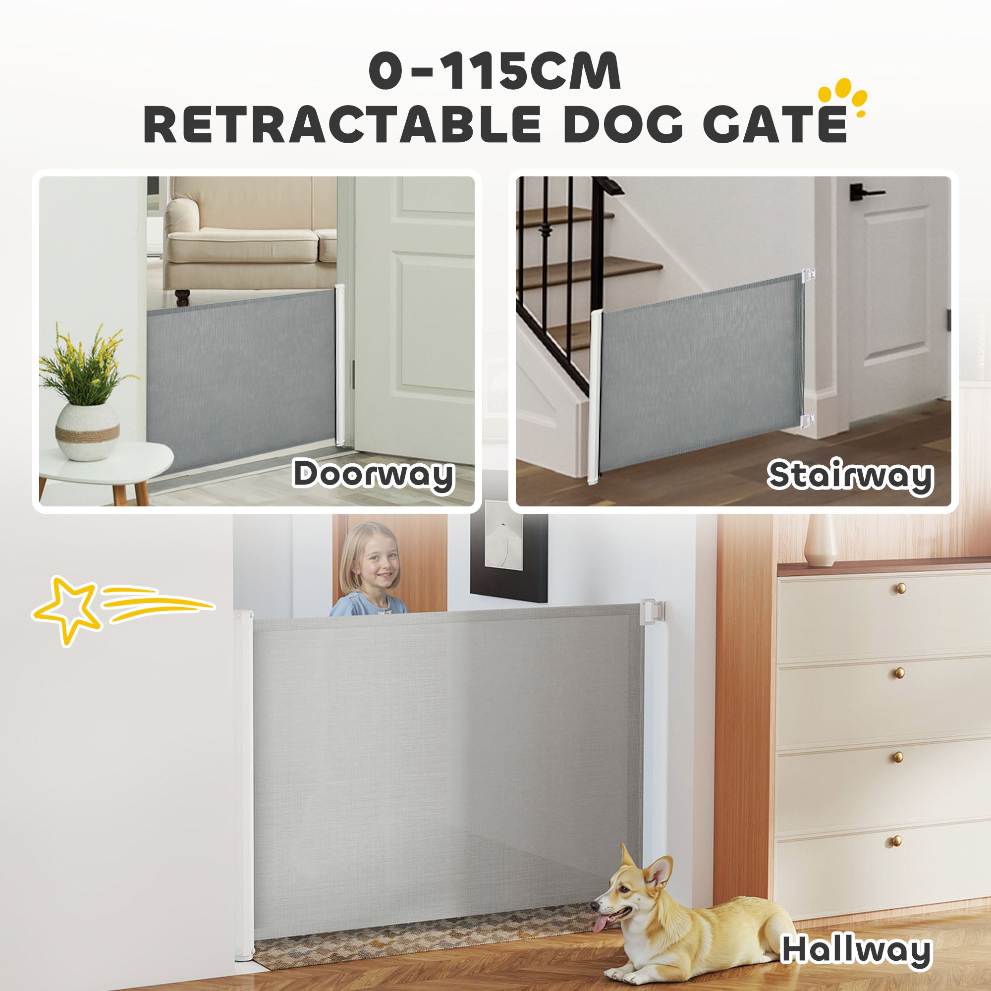 PawHut Retractable Safety Gate, Dog Pet Barrier, Folding Protector, for Home, Doorway, Stairs, 82.5H x 115Lcm - Grey