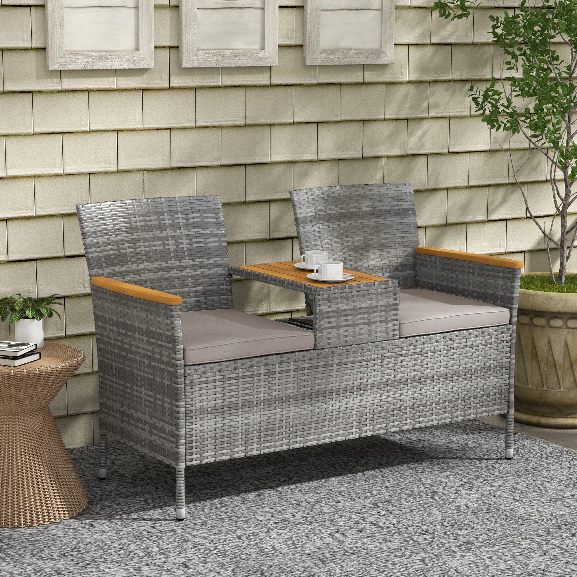 Outsunny Two-Seat Rattan Loveseat, with Wood-Top Middle Table - Grey - North Peak Garden Furniture