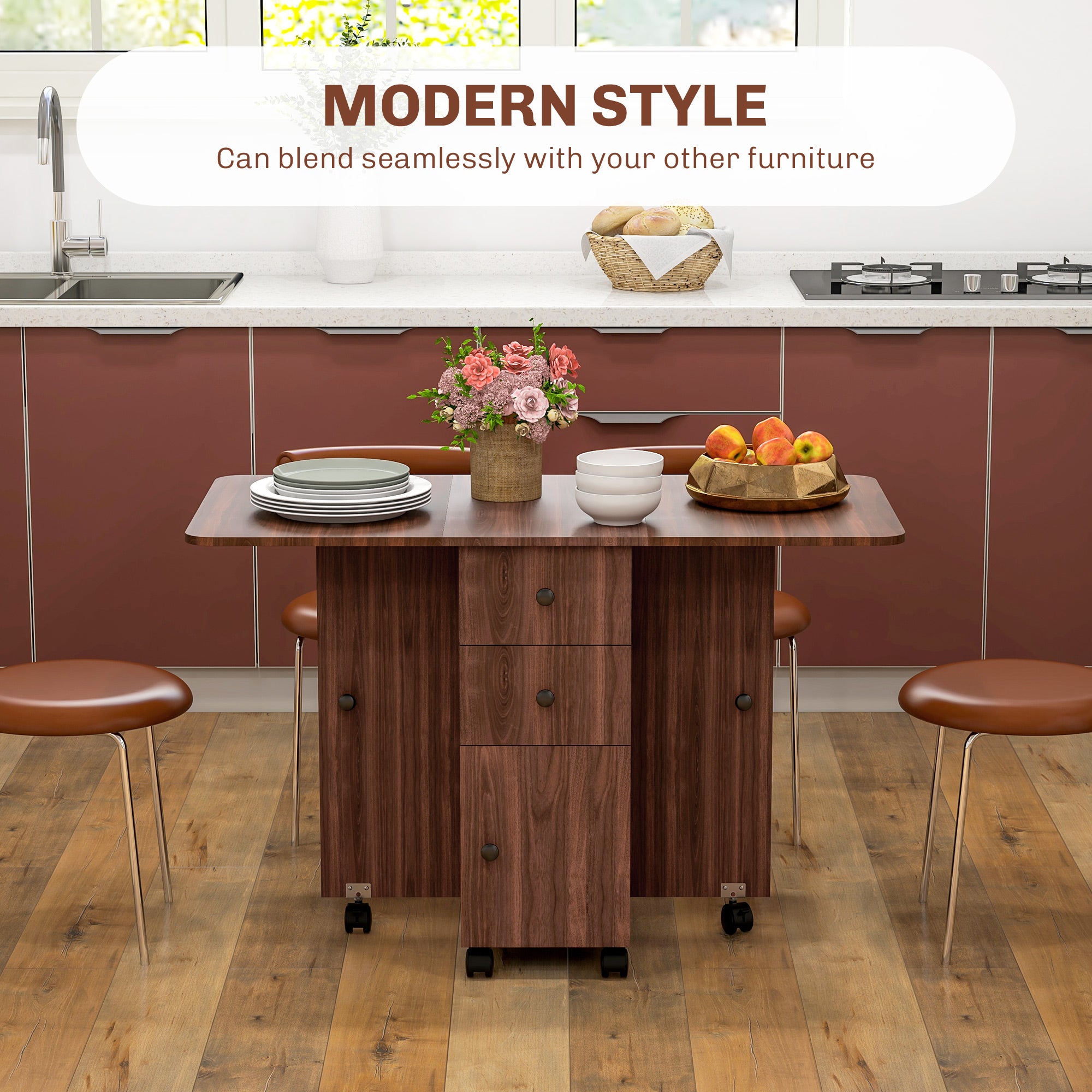 HOMCOM Multi-Storage Six-Person Drop Leaf Dining Table - Distressed Brown - North Peak Garden Furniture