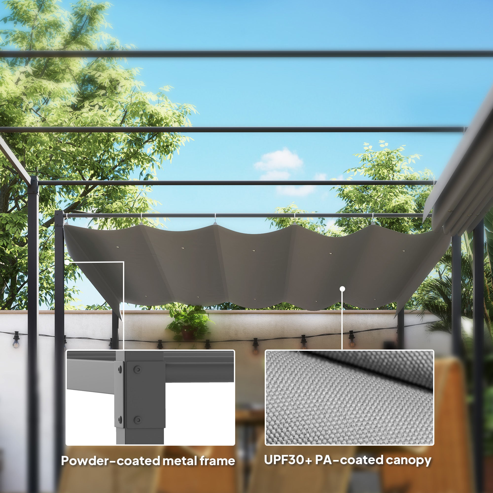 Outsunny 3 x 3(m) Garden Pergola with Retractable Roof and Magnetic Fixture, Outdoor Pergola Kit Sun Shade Canopy, UPF30+, Grey - North Peak Garden Furniture