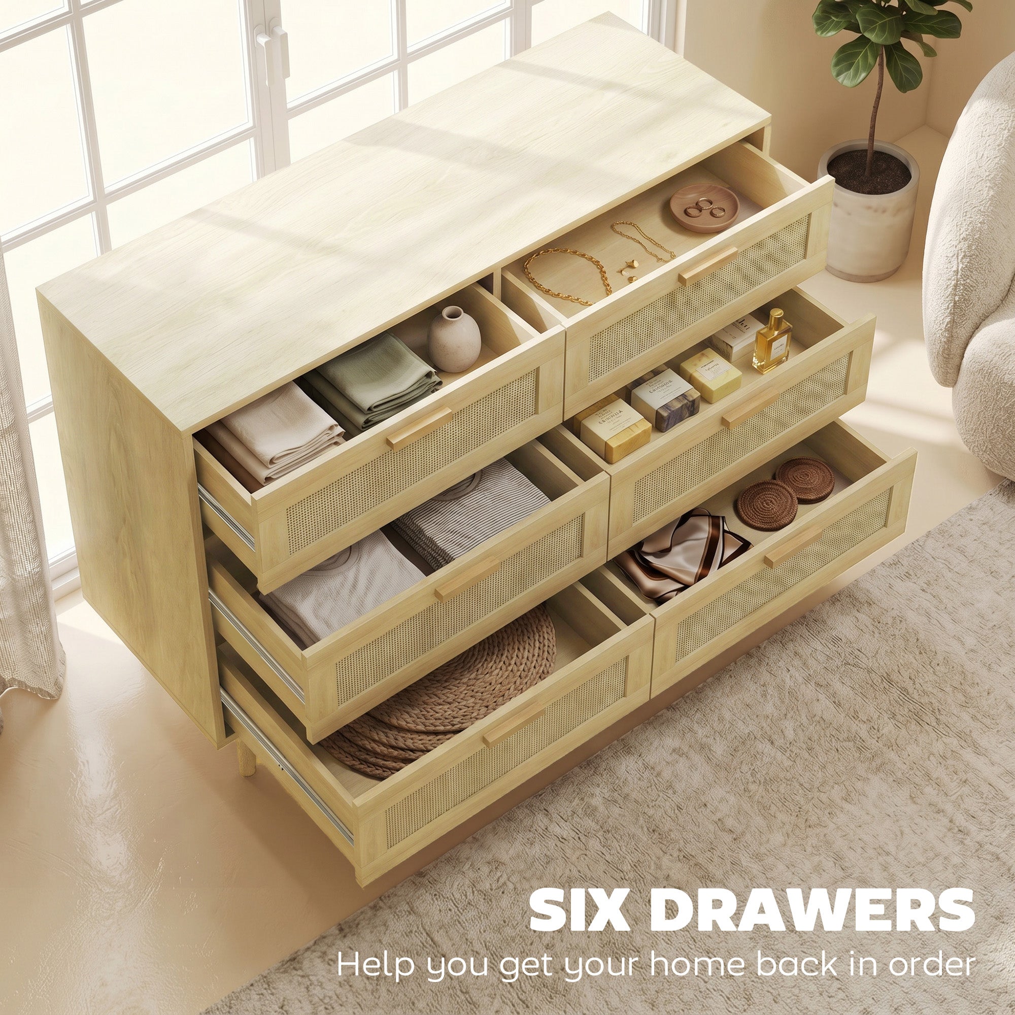 HOMCOM Chest of Drawers, 6-Drawer Dresser, Tall Storage Drawer Unit with Rattan Element for Bedroom, Living Room, Oak