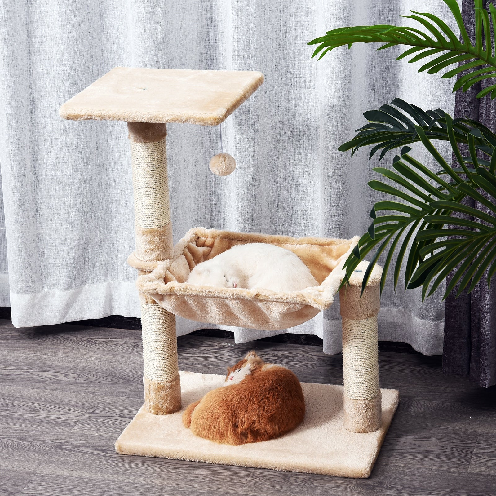 PawHut Cat Scratch Post with Bed Cat Tree for Indoor Cats Sisal Scratching Posts Hammock Kitty Activity Centre Beige