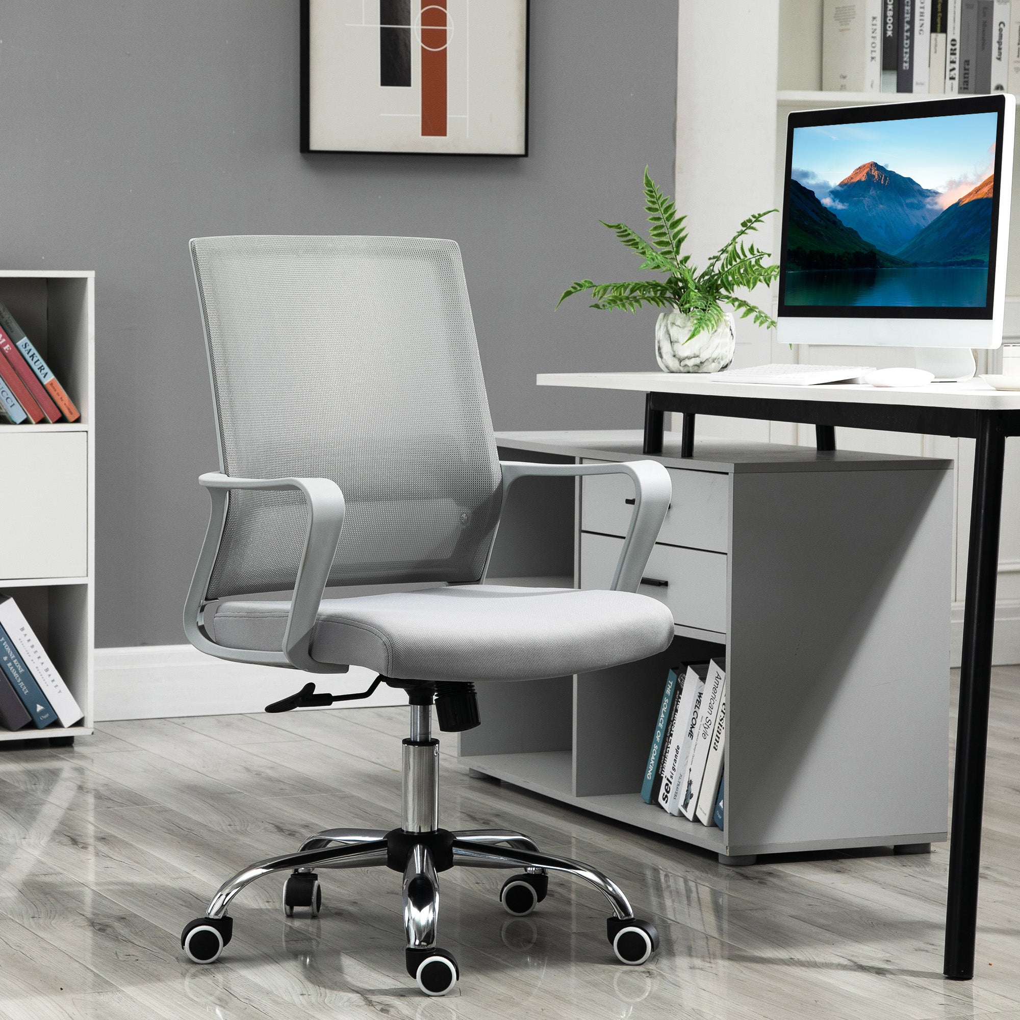 Vinsetto Ergonomic Desk Chair Mesh Office Chair with Adjustable Height Armrest and 360° Swivel Castor Wheels Grey - North Peak Garden Furniture