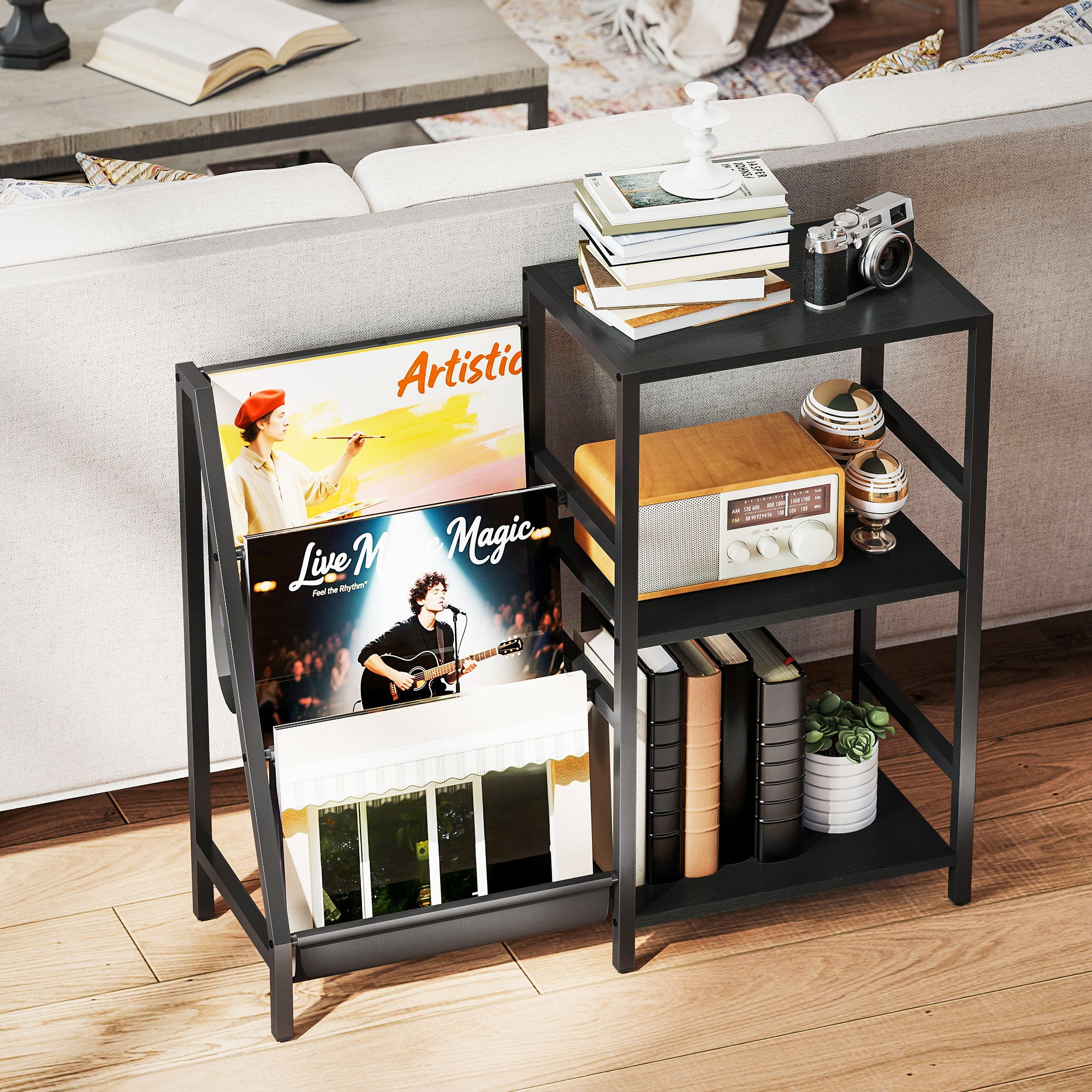 HOMCOM 3-Tier Record Player Stand, End Table for Living Room, Bedroom - Black Wood Effect - North Peak Garden Furniture