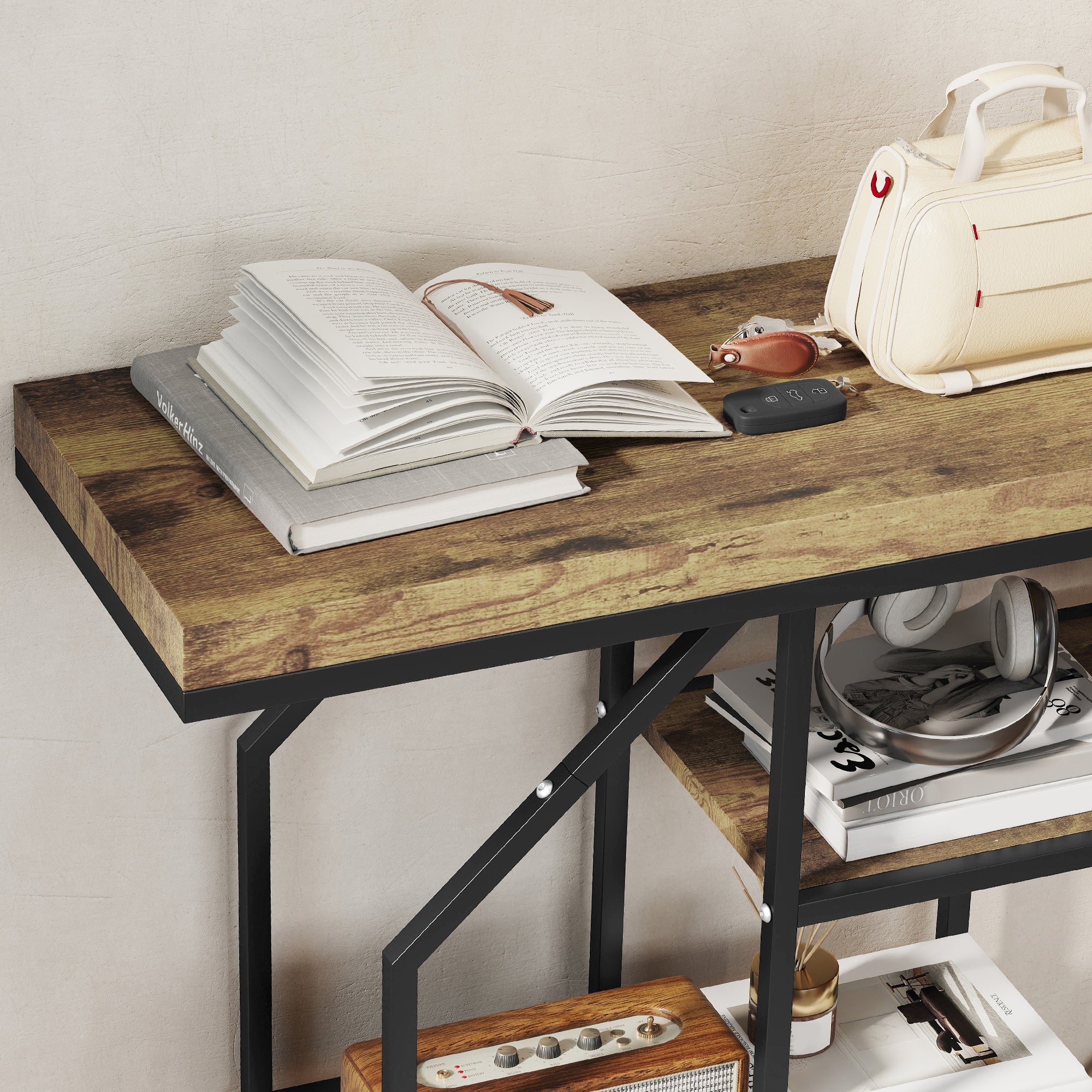 HOMCOM 4-Tier Industrial Console Table - Rustic Brown