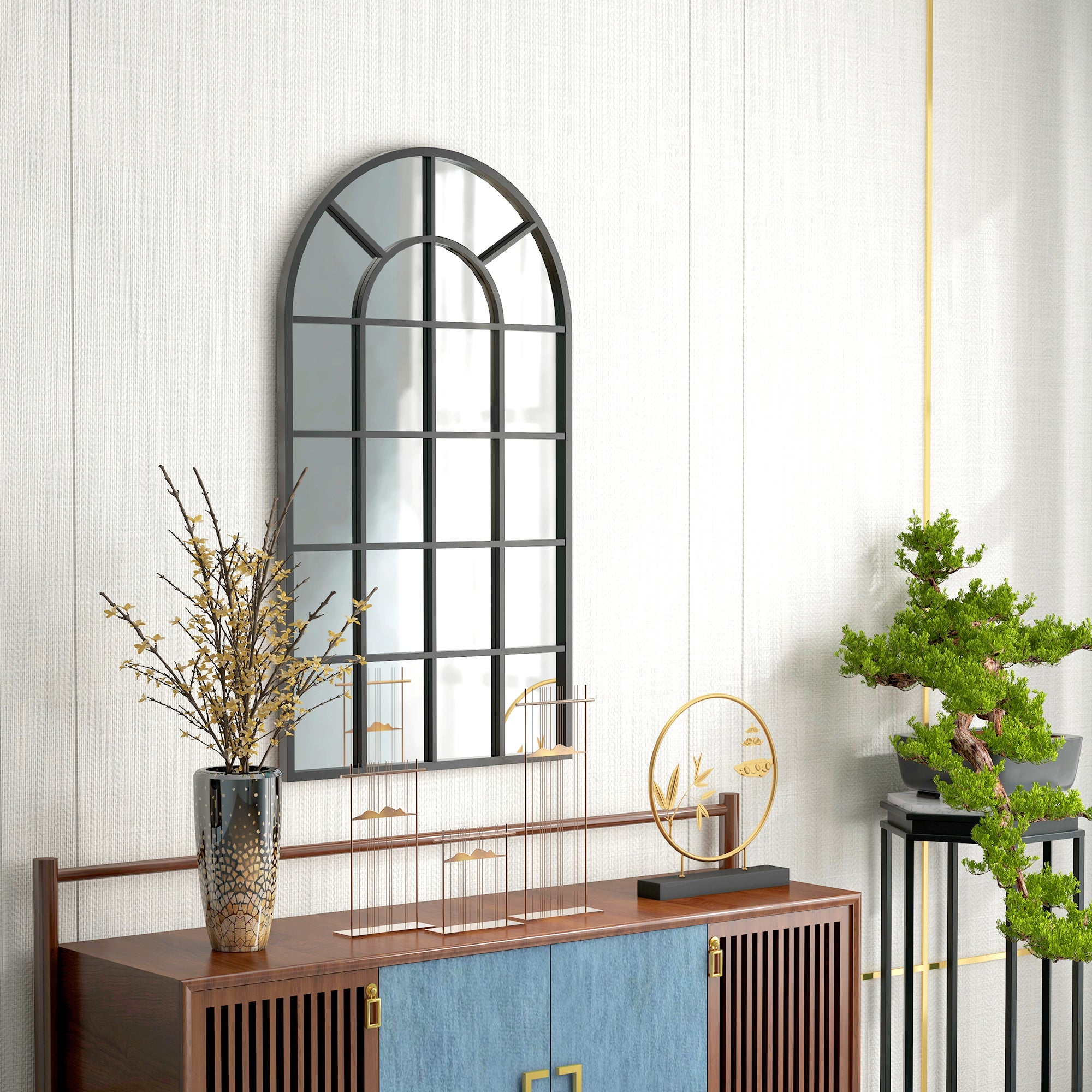 HOMCOM 110 x 62 cm Arched Decorative Wall Mirror for Bedroom Living Room, Modern Window Bathroom Mirror for Home Decor - North Peak Garden Furniture