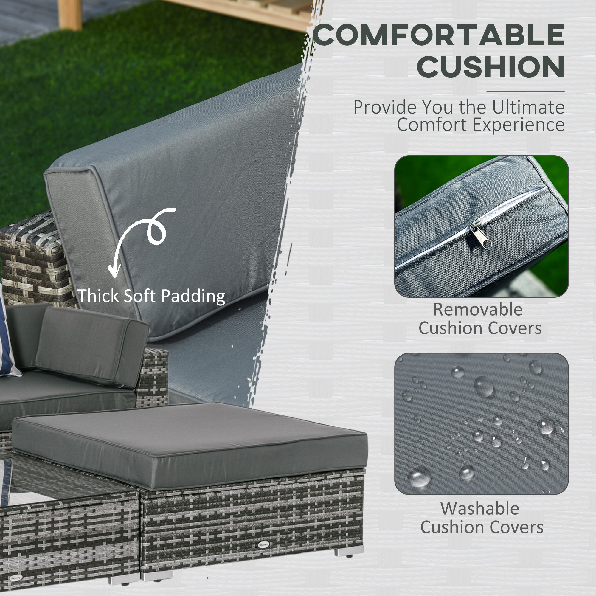 Outsunny 6 PC Rattan Sofa Coffee Table Set Sectional Wicker Weave Furniture for Garden Outdoor Conservatory w/ Pillow Cushion Grey - North Peak Garden Furniture