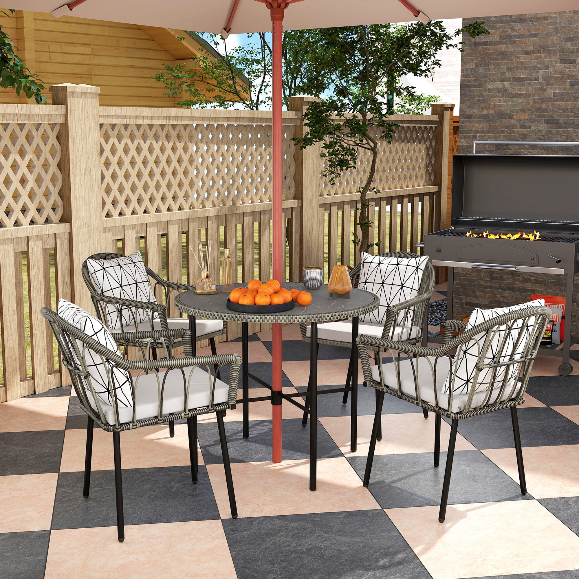 Outsunny 5 Piece Patio Rattan Dining Set, Wicker Garden Table and Chairs w/ Removable Seat & Back Cushions, Round Tempered Glass Tabletop, Parasol Hole, Outdoor Furniture Conservatory Set, Grey - North Peak Garden Furniture