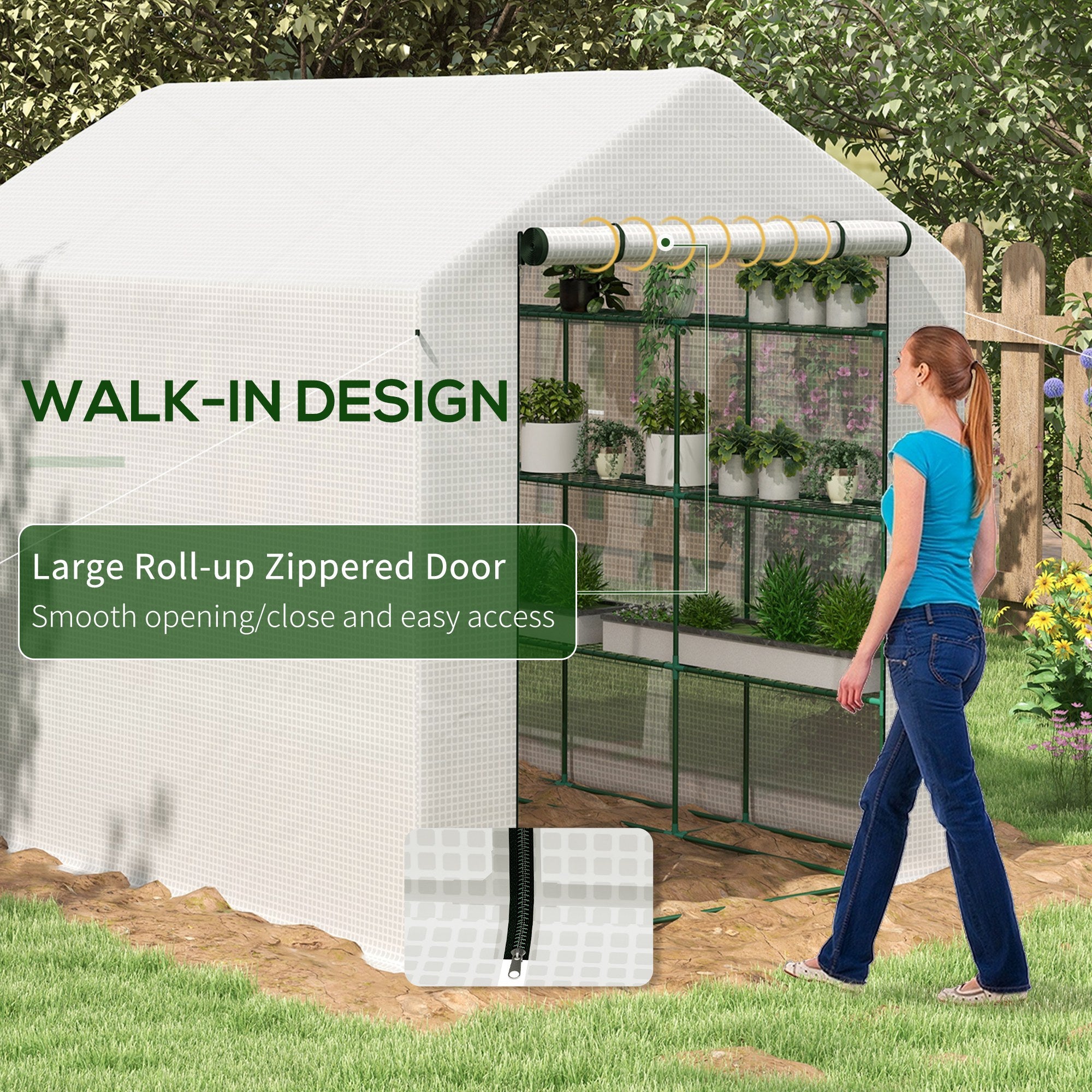 Outsunny Walk-in Greenhouse with 4 Tier 24 Shelves, Portable Grow House with Roll-up Zipped Door, 244 x 180 x 210 cm, White