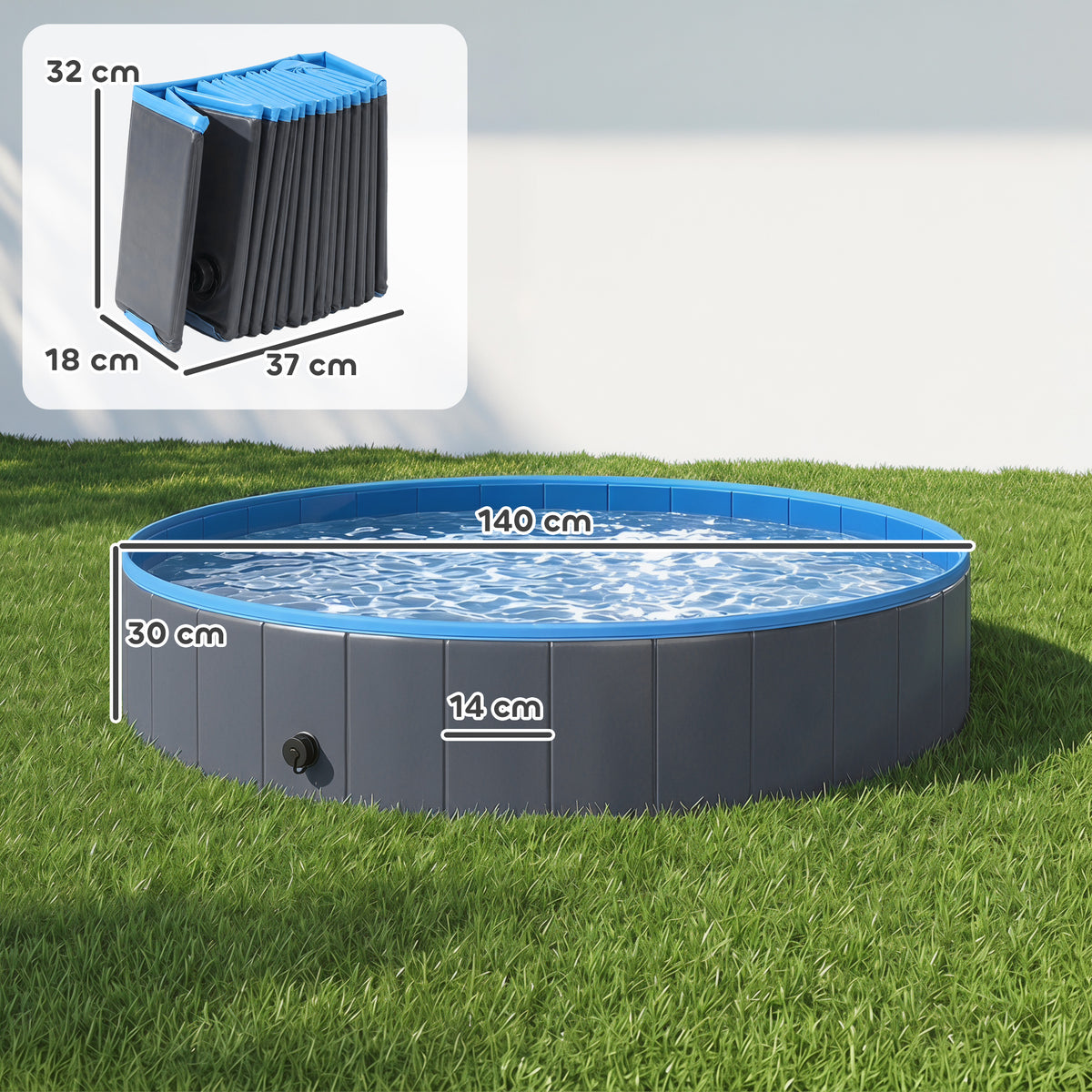 PawHut Foldable Dog Pool for Puppies and Ducks Dog Paddling Pool Bath Tub, Dark Grey, 140 x 30cm