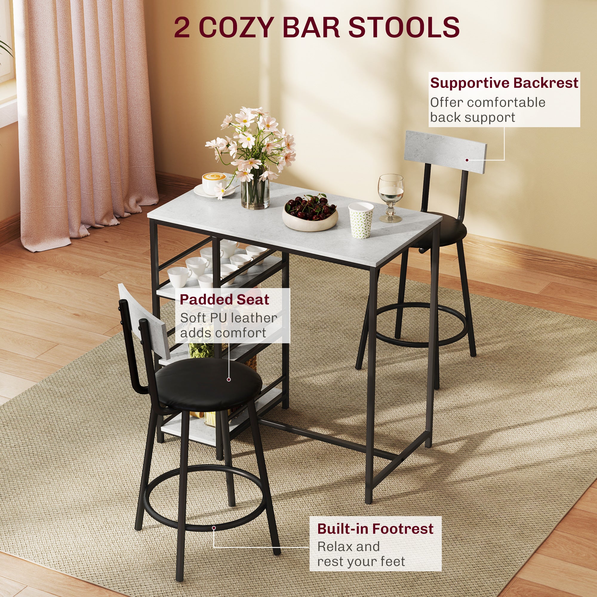 HOMCOM Three-Piece Kitchen Dining Set, with Shelves - Grey/Black - North Peak Garden Furniture