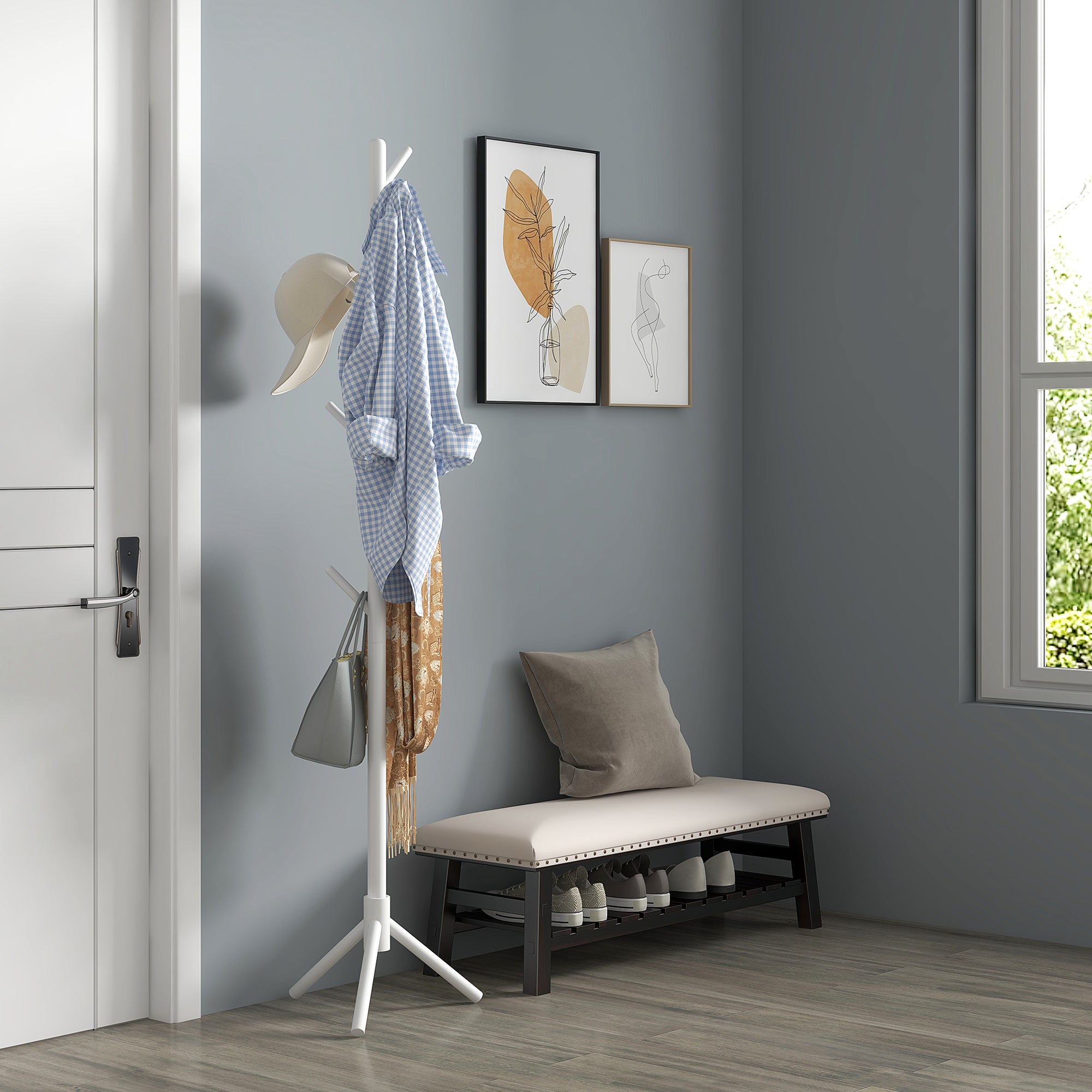 HOMCOM Eight-Hook Wooden Coat Rack - White - North Peak Garden Furniture
