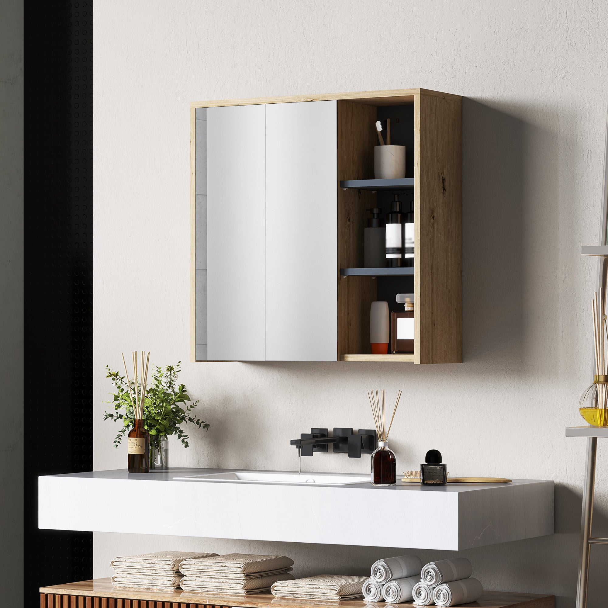 HOMCOM Five-Shelf Mirrored Bathroom Cabinet - Wood-Effect - North Peak Garden Furniture
