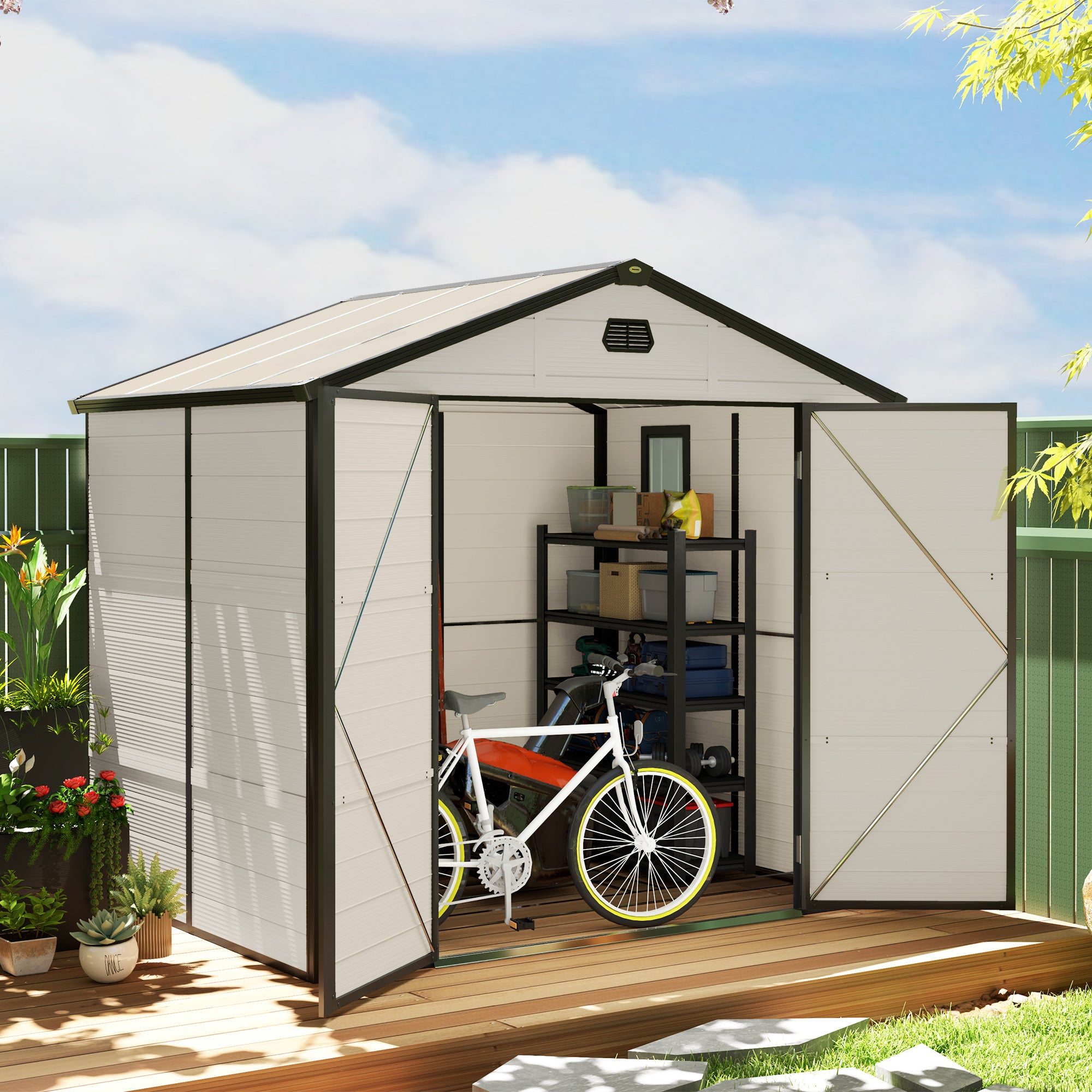 Outsunny 7.9ft x 6.2ft Aluminium Frame and Plastic Wall Shed, with Foundation - Cream White - North Peak Garden Furniture