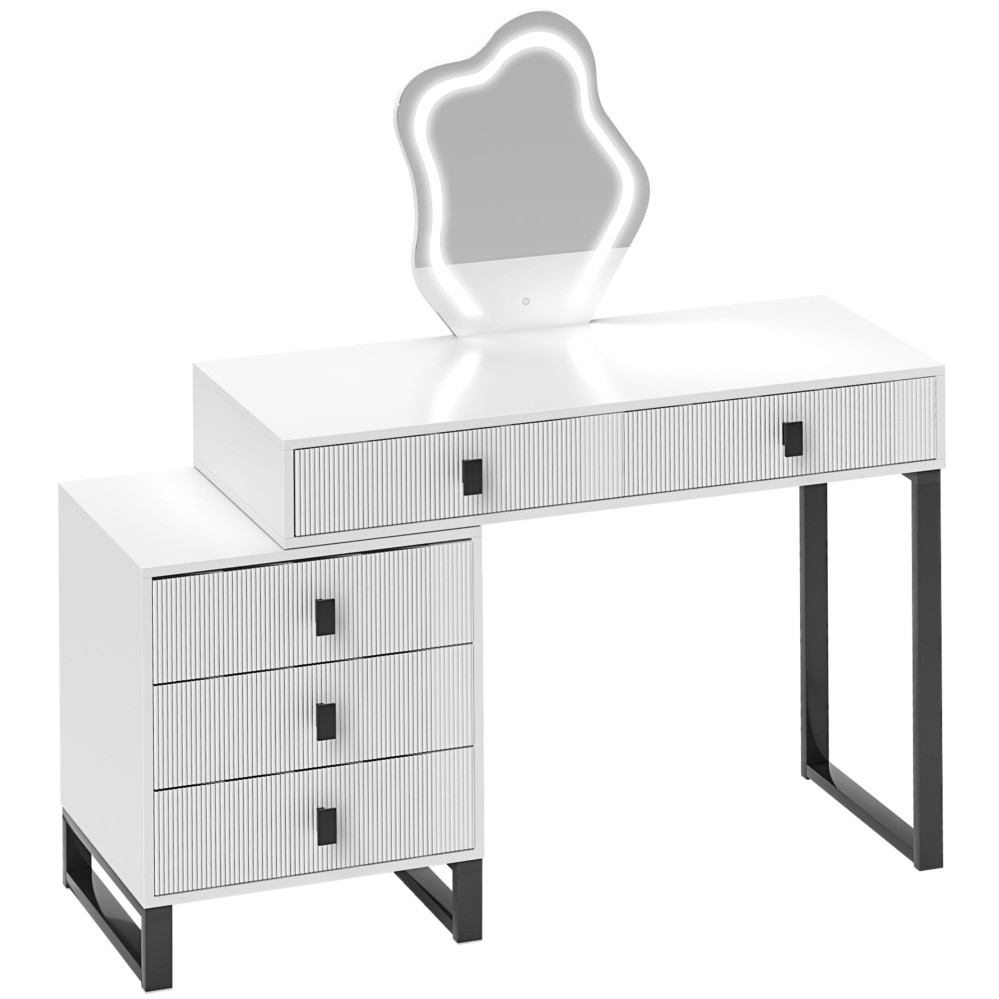 HOMCOM LED Lighted Dressing Table with Leaf Shape Mirror, Modern Vanity Desk with 5 Drawers, Makeup Desk with Fluted Panels, White - North Peak Garden Furniture