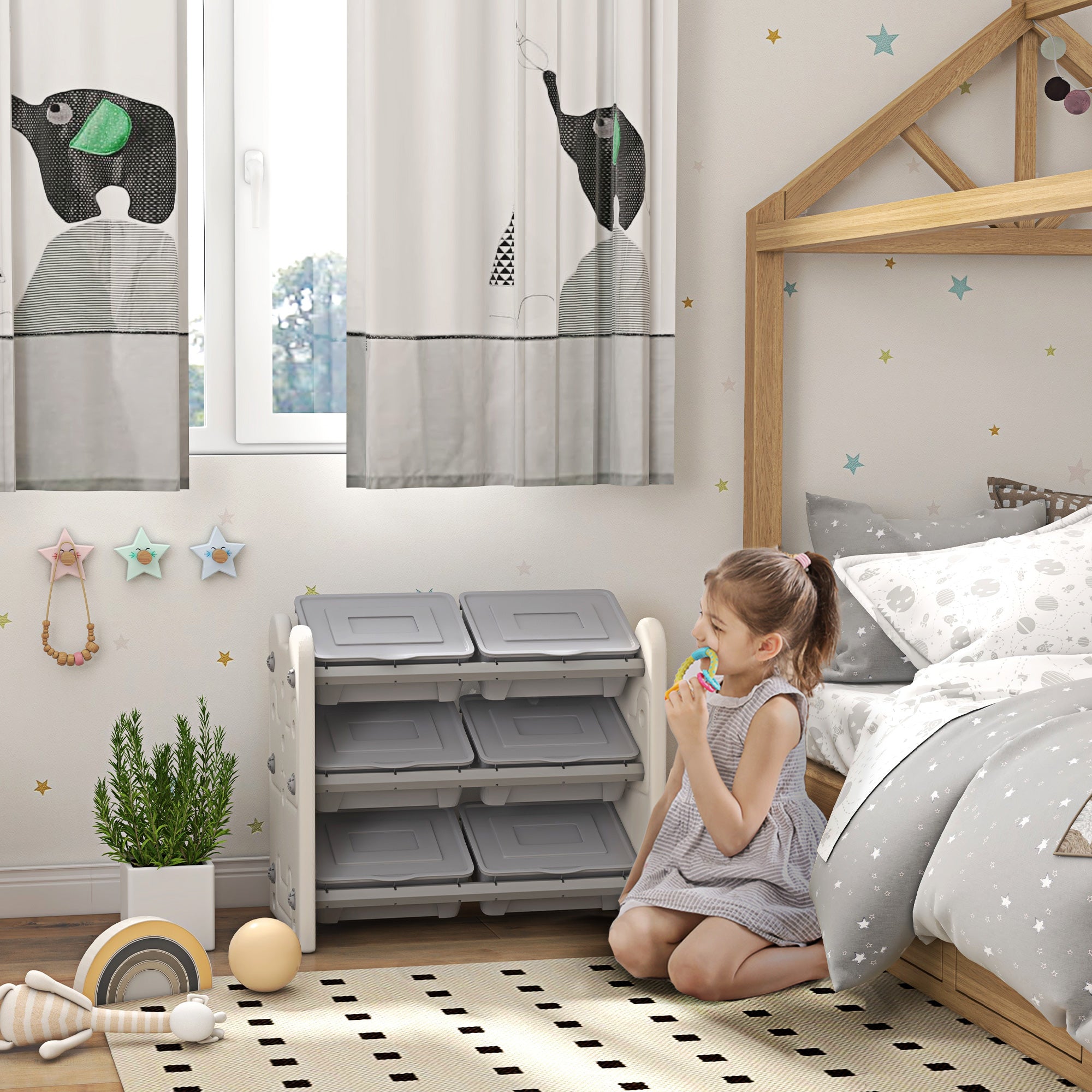 AIYAPLAY 3 Tier Kids Toy Storage Units with 6 Storage Boxes, 76 x 37 x 60cm, Grey - North Peak Garden Furniture