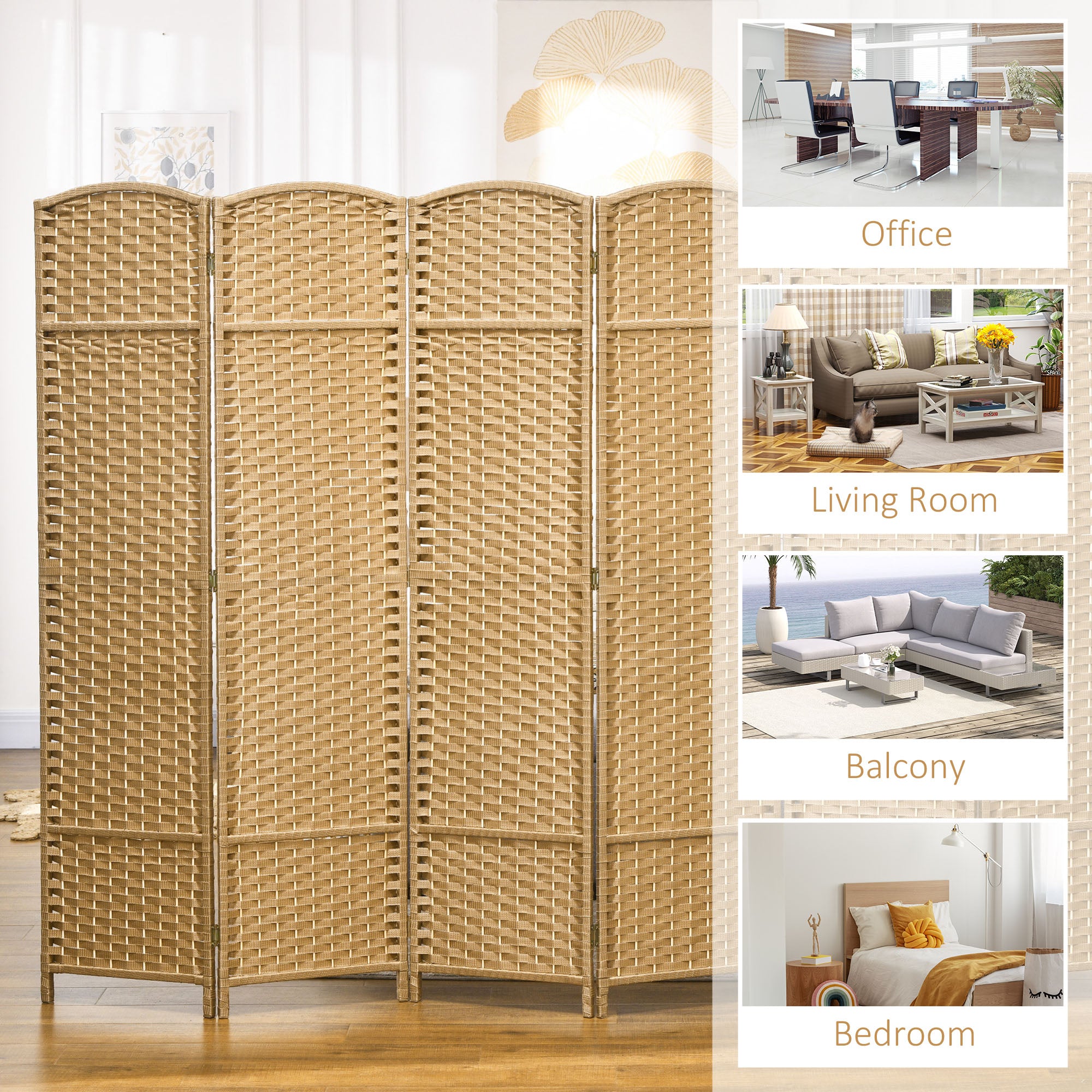HOMCOM 6 Panel Folding Room Divider, Freestanding Privacy Screen for Living Room, Bedroom and Office, 240 x 170cm, Natural - North Peak Garden Furniture