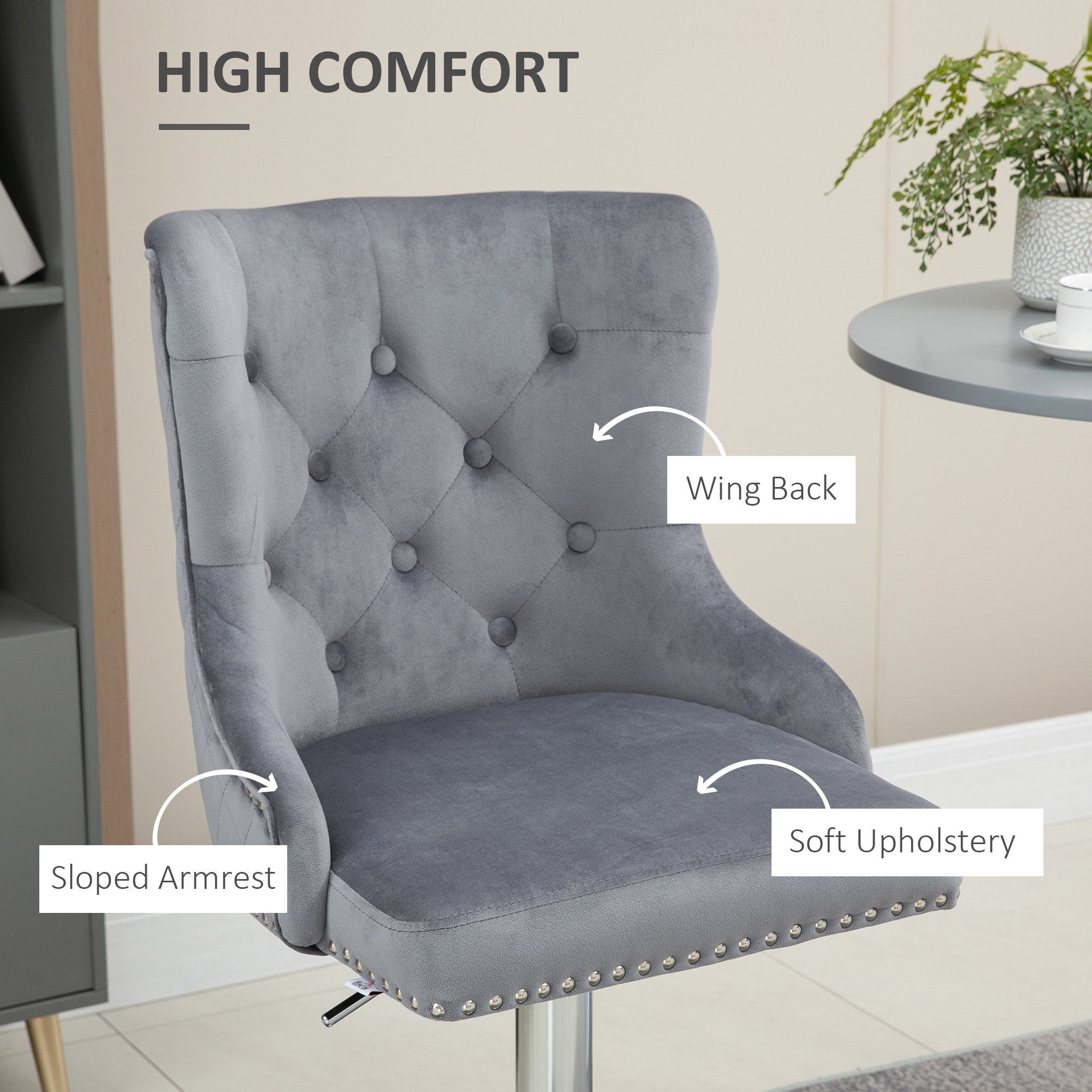 HOMCOM Modern Adjustable Bar Stools Set of 2, Swivel Velvet Barstools with Button Tufted Back, Footrest, Nailhead Trim for Home Bar, Grey - North Peak Garden Furniture
