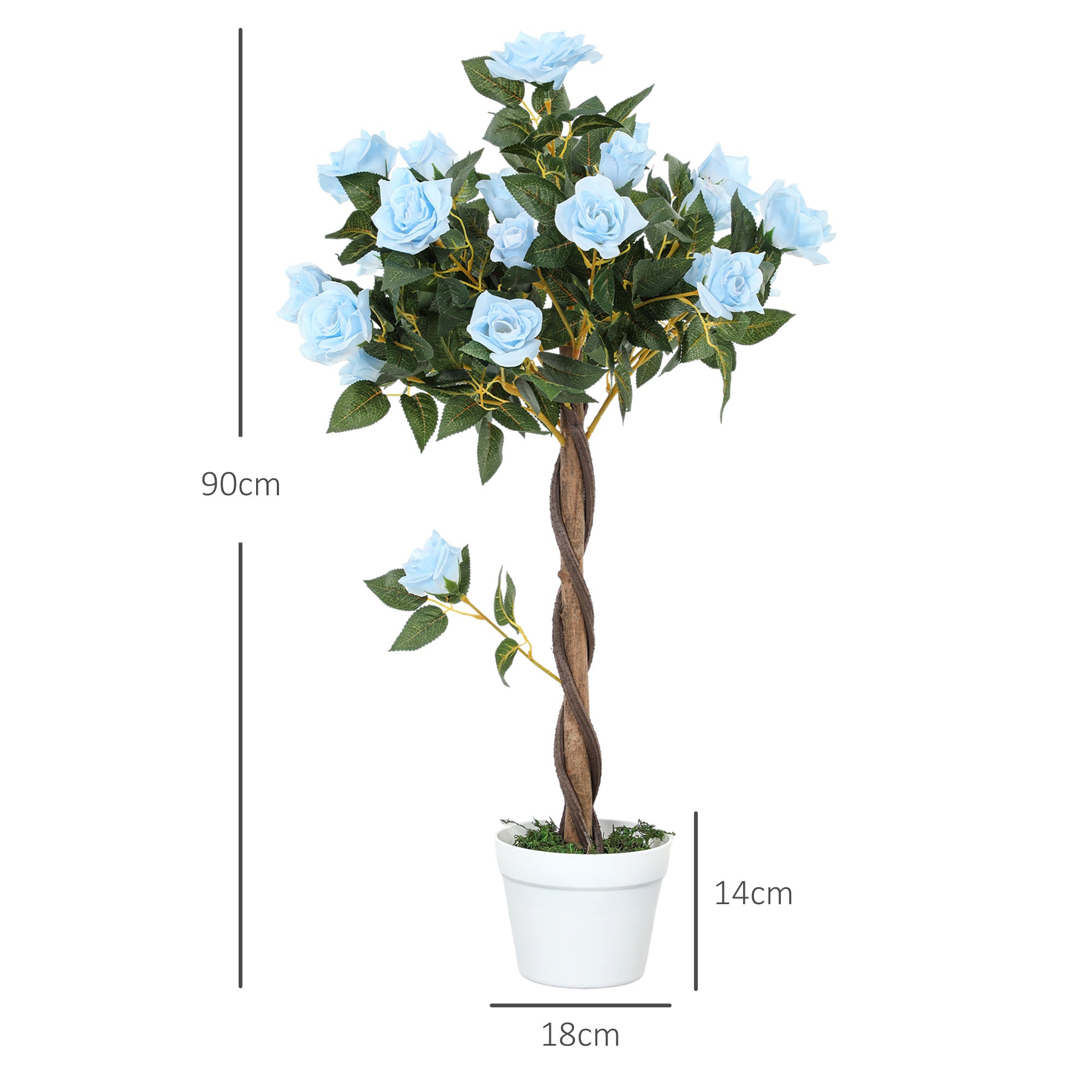 Outsunny Set of 2 Artificial Plants White Rose Floral in Pot, Fake Plants for Home Indoor Outdoor Decor, 90cm, Light Blue