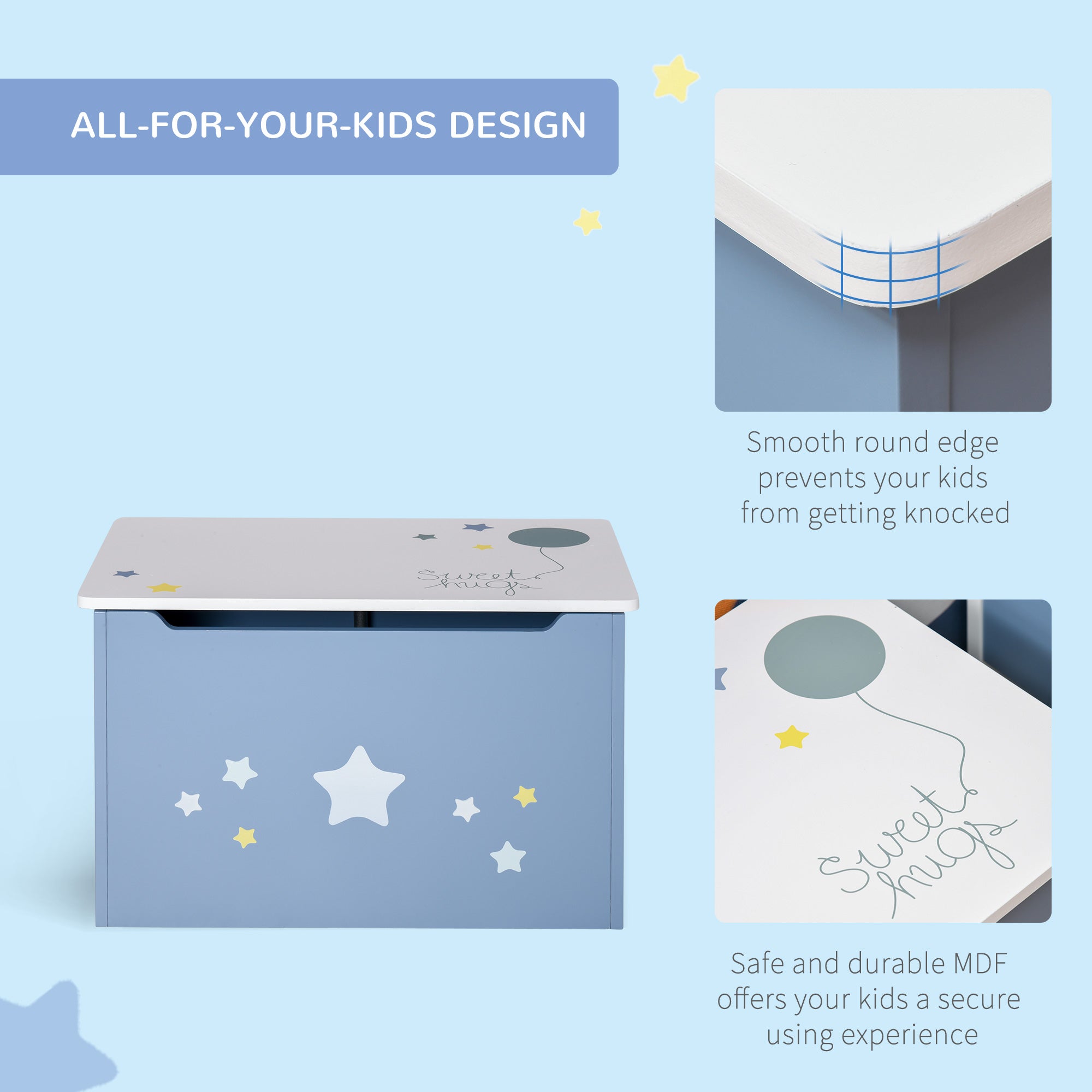 HOMCOM Kids Wooden Toy Box Children Storage Chest Organiser Side Handle Safety Hinge Play Room Furniture Blue - North Peak Garden Furniture