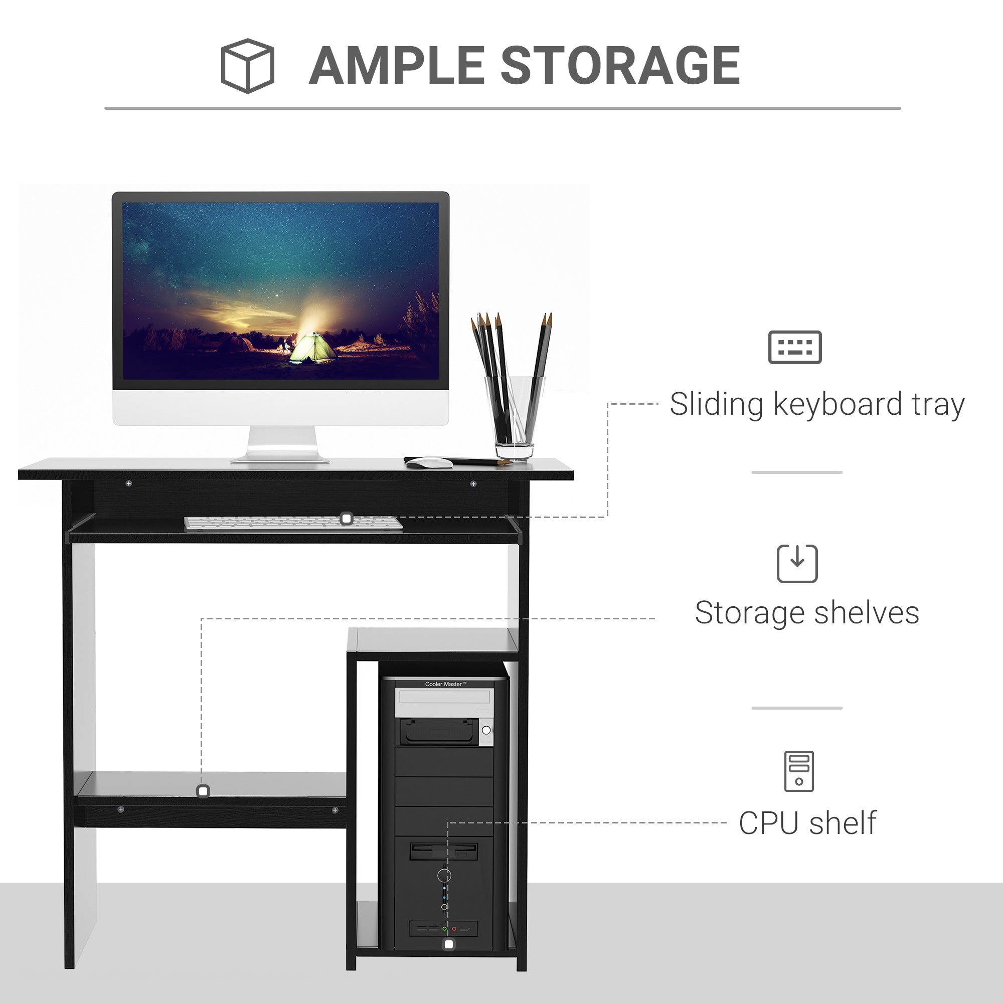 HOMCOM Compact Small Computer Table Wooden Desk Keyboard Tray Storage Shelf Modern Corner Table Home Office Black - North Peak Garden Furniture