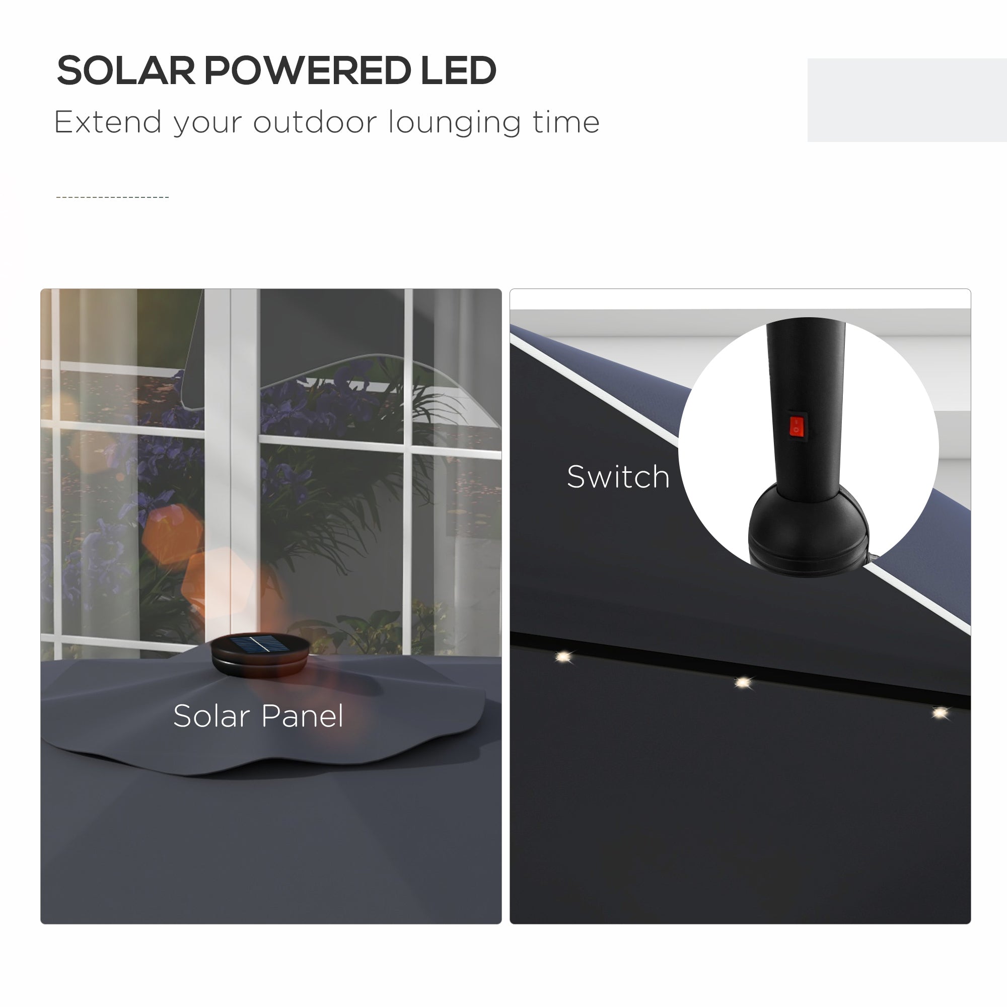 Outsunny Solar Patio Umbrella with LED and Tilt, Outdoor Market Table Umbrella Parasol with Crank, 3 x 3 (m), Dark Grey - North Peak Garden Furniture