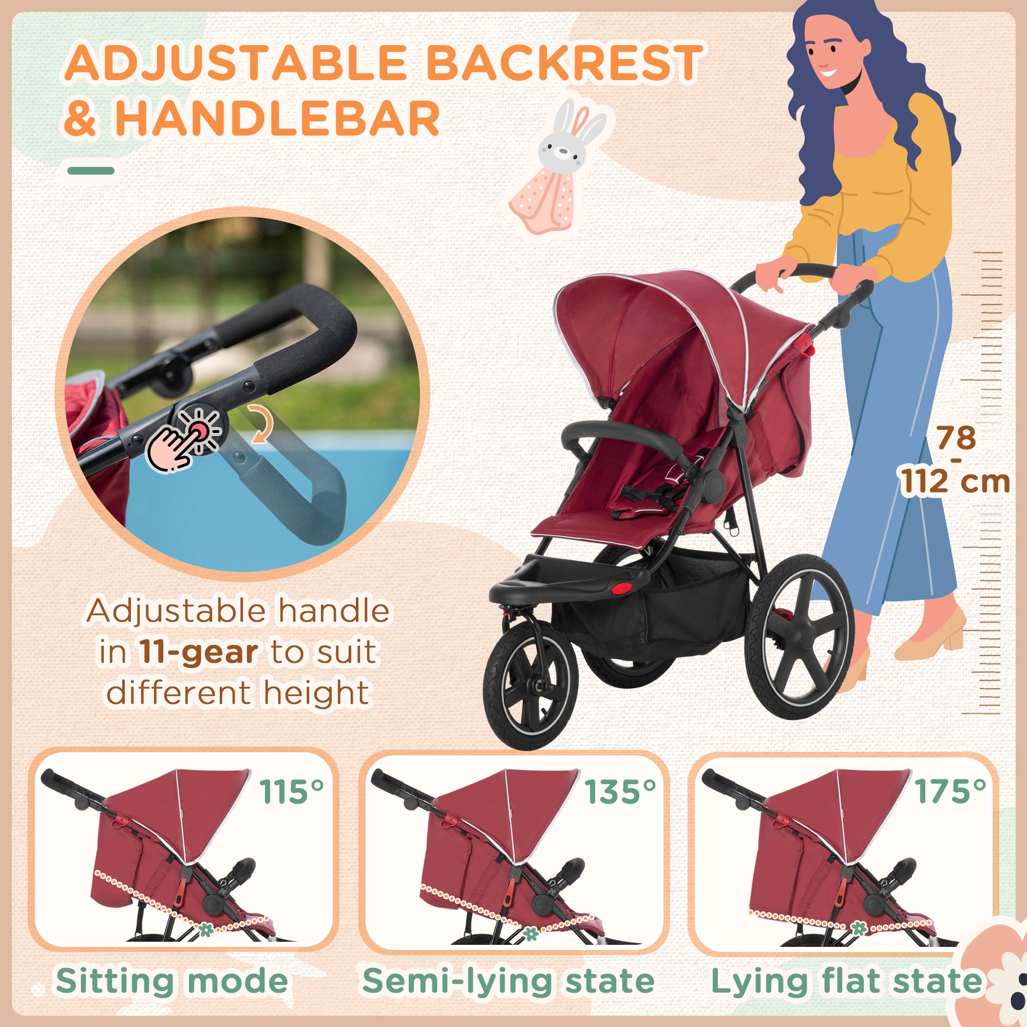 HOMCOM Foldable Three-Wheeler Baby Stroller w/ Canopy, Storage Basket - Red - North Peak Garden Furniture
