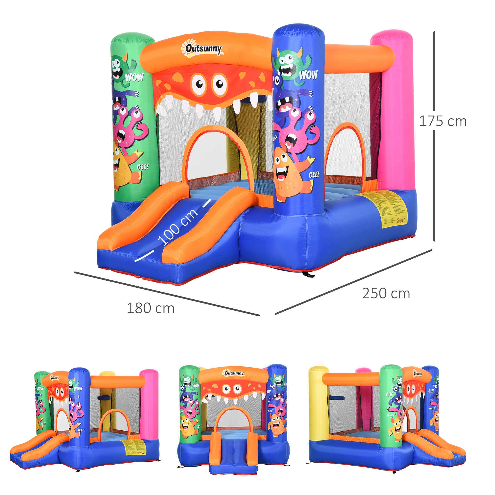 Outsunny Bouncy Castle Inflatable Basket Trampoline Slide Monster Design 180 x 250 x 175 (CM)