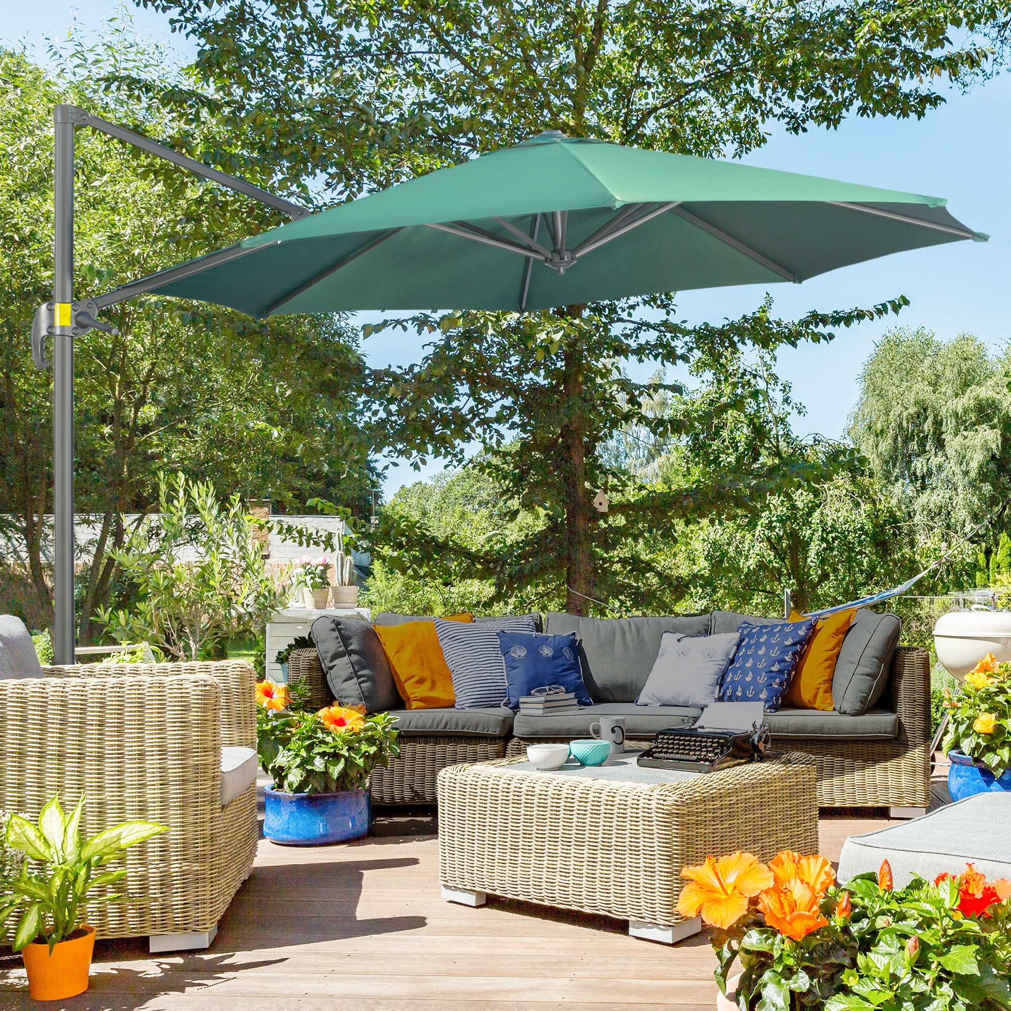 Outsunny 3 x 3(m) Cantilever Parasol with Cross Base, Garden Umbrella with 360° Rotation, Crank Handle and Tilt for Outdoor, Patio, Green - North Peak Garden Furniture
