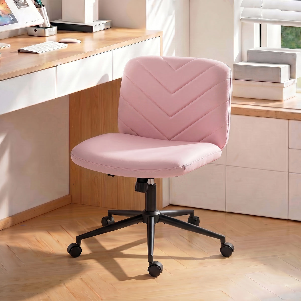 HOMCOM Home Office Desk Chair Height Adjustable Swivel Chair Cross Legged Wide Seat Swivel Wheels Pink