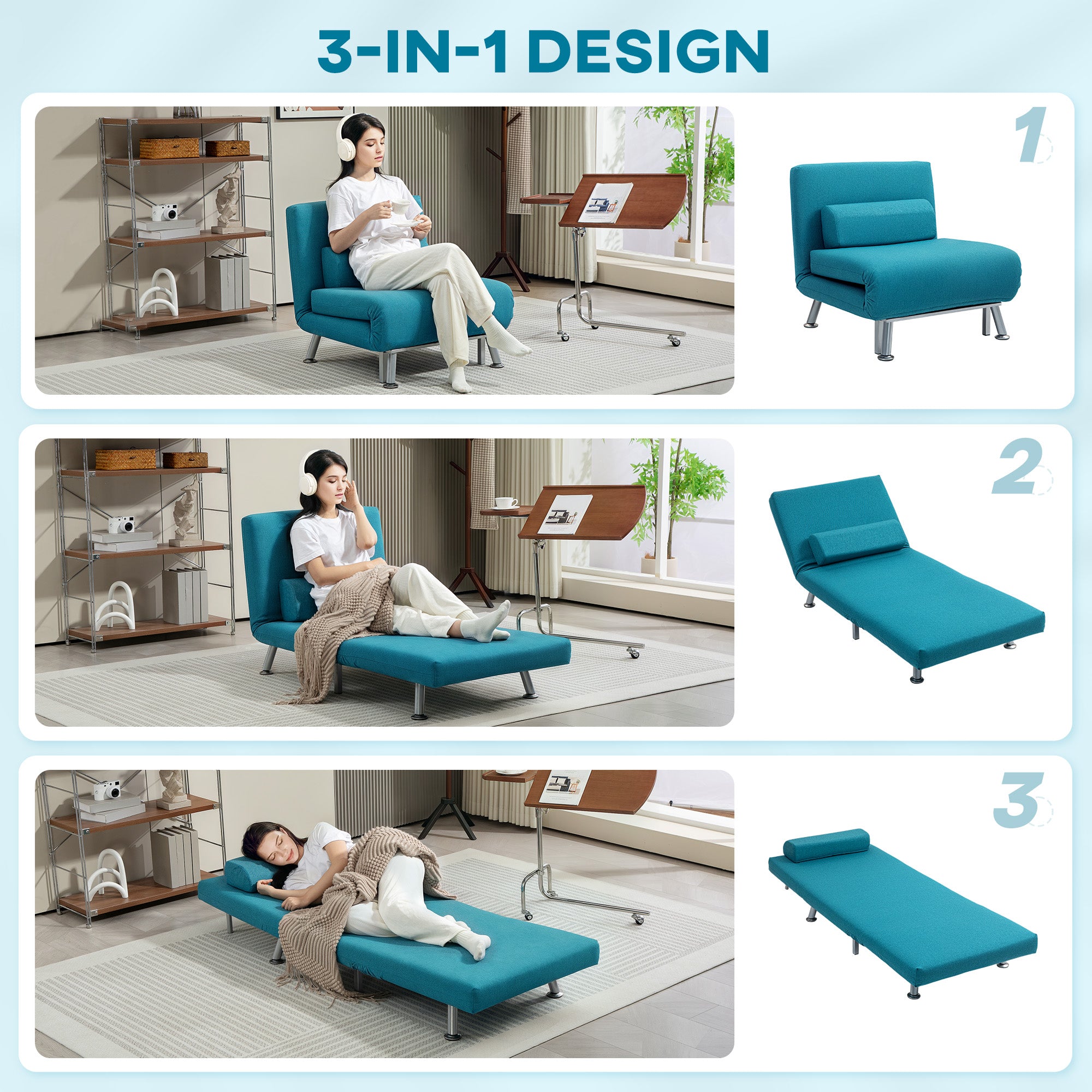 HOMCOM Single Linen-Feel Sleeper Chair - Dark Blue - North Peak Garden Furniture