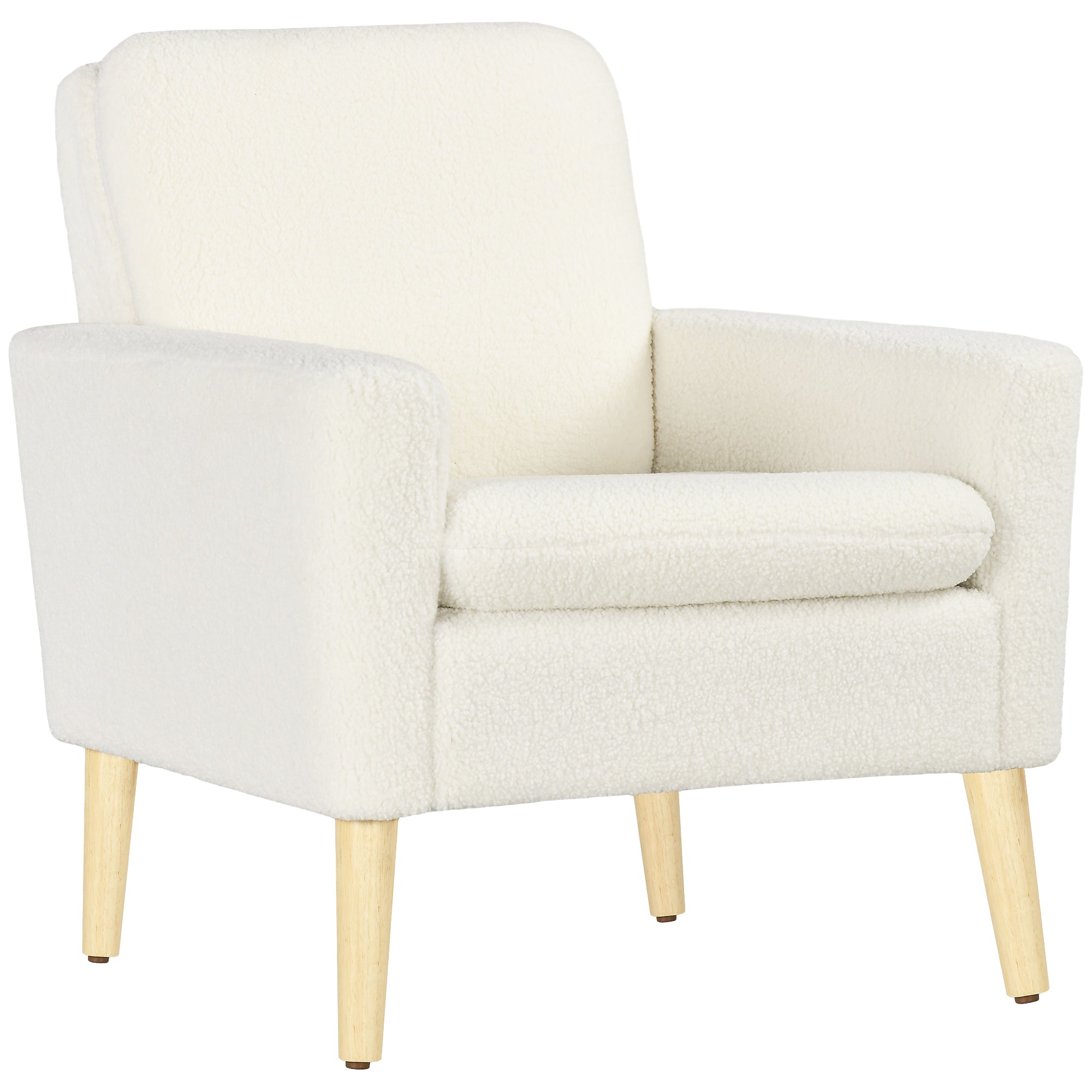 HOMCOM Armchair, Upholstered Accent Chair with Wood Legs and Wide Padded Seat, Teddy Occasional Chair, Cream White - North Peak Garden Furniture