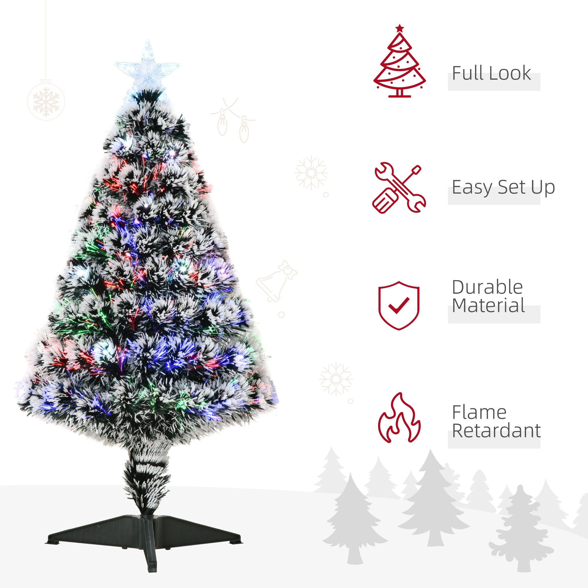 HOMCOM 3ft Artificial Prelit Christmas Tree, Snow Xmas Tree with Colourful LED Lighting Fiber Optics, Green White - North Peak Garden Furniture