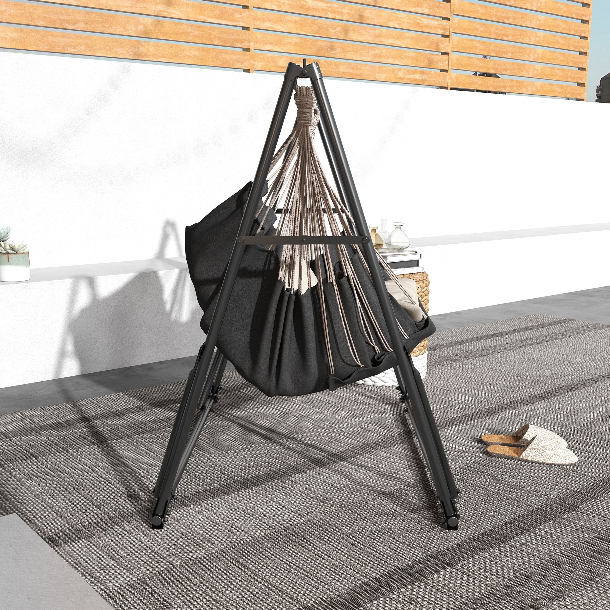 Outsunny Foldable Hammock Stand, Portable Hammock with Metal Frame, 2 in 1 Hammock Net Stand, Hammock Chair Stand with Carry Bag, Load Capacity 120kg, for Patio, Garden, Yard, Black - North Peak Garden Furniture
