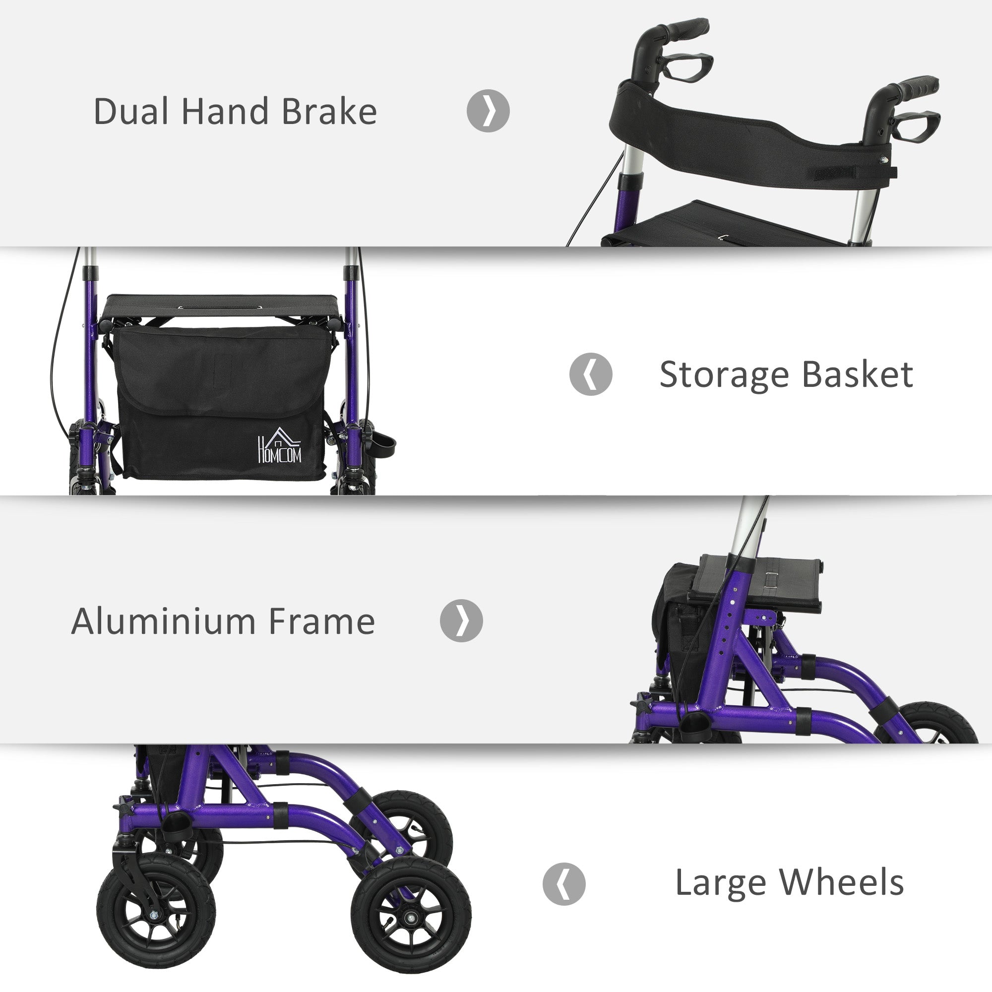 HOMCOM Folding Rollator Walker with Seat, Backrest, Lightweight Walking Frame with Storage Bag, Dual Brakes, All-terrain Wheels, Adjustable Handle Height, 4 Wheeled Walker for Seniors, Purple - North Peak Garden Furniture