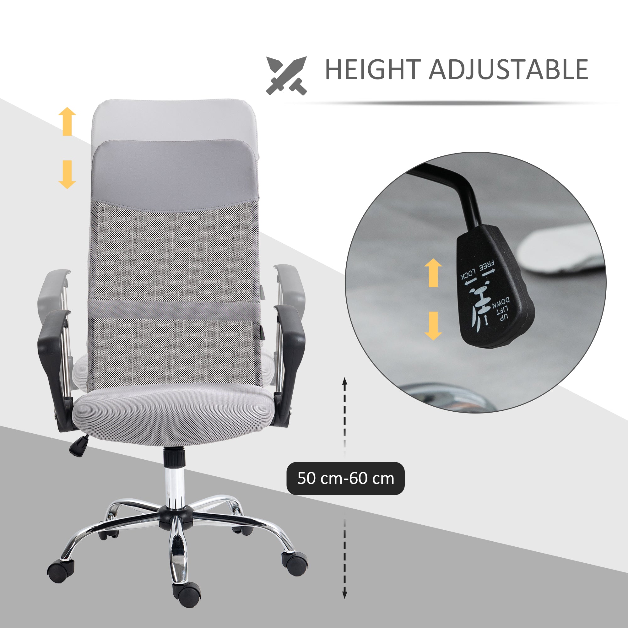 Vinsetto Ergonomic Office Chair Mesh Chair with Adjustable Height Tilt Function Light Grey - North Peak Garden Furniture