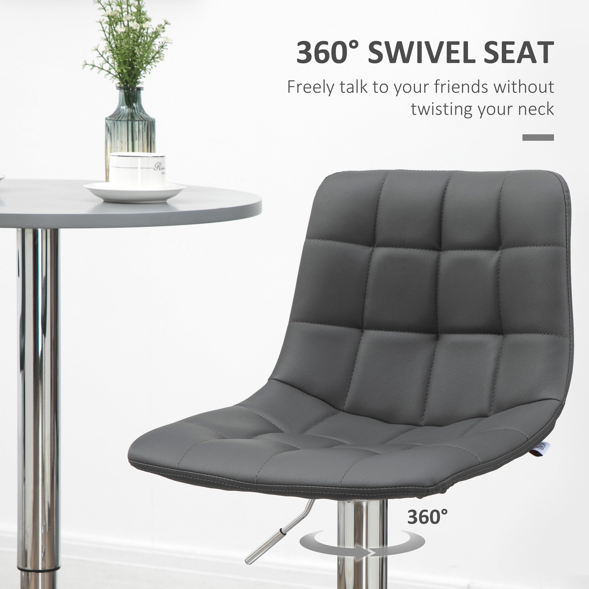 HOMCOM Adjustable Bar Stools Set of 2, Swivel PU Leather Upholstered Barstools with Tufted Seat and Back, Breakfast Bar Chairs for Kitchen Counter, Grey - North Peak Garden Furniture
