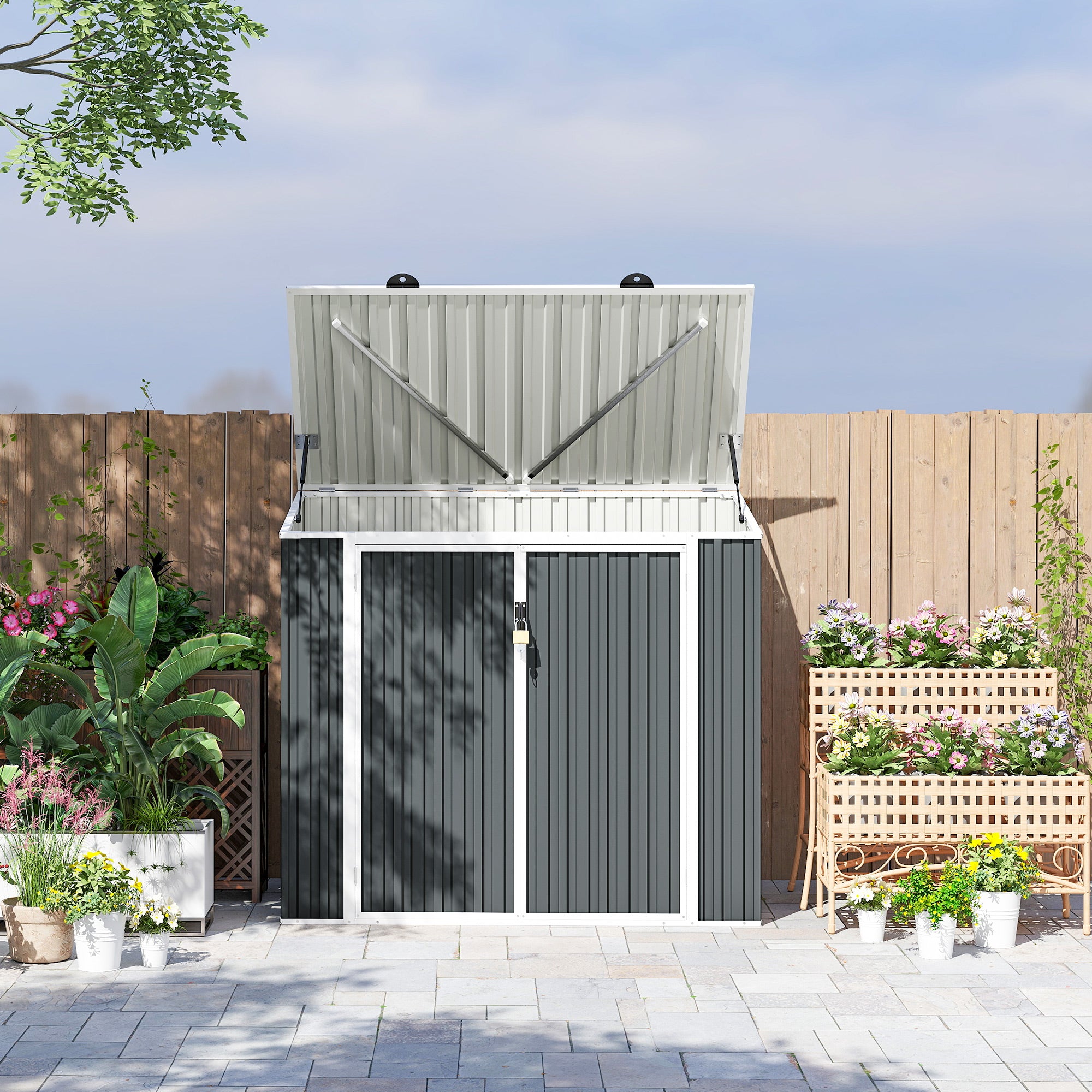 Outsunny 5ft x 3ft Garden 2-Bin Steel Storage Shed, Double Rubbish Storage Shed, Hide Dustbin w/ Locking Doors and Openable Lid - North Peak Garden Furniture