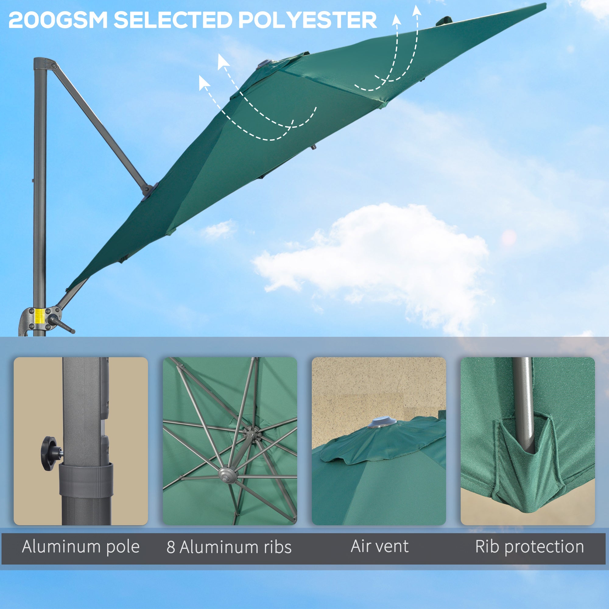 Outsunny 3 x 3(m) Cantilever Parasol with Cross Base, Garden Umbrella with 360° Rotation, Crank Handle and Tilt for Outdoor, Patio, Green - North Peak Garden Furniture