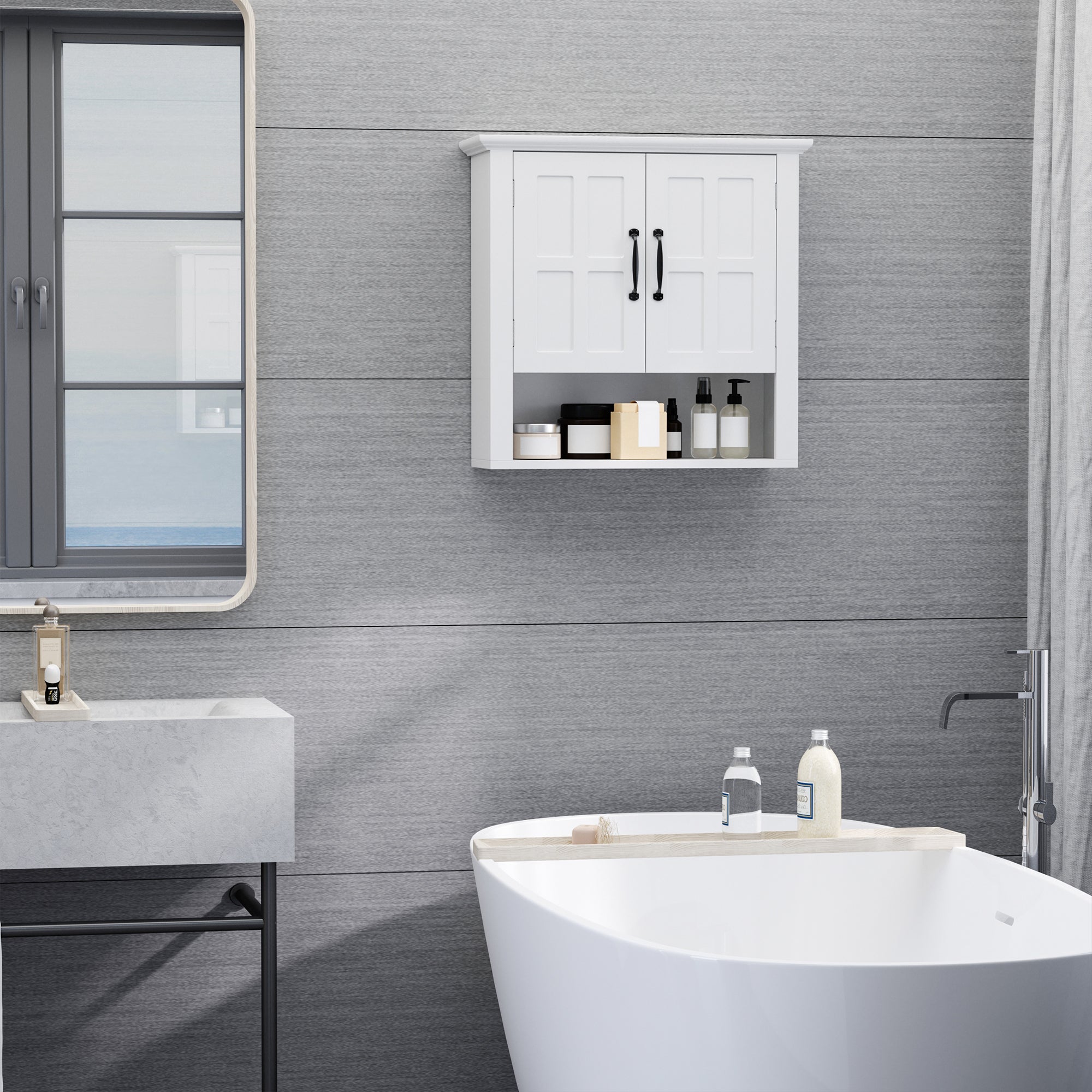 HOMCOM Bathroom Wall Cabinet, Medicine Cabinet, Kitchen Cupboard with 2 Doors and Adjustable Shelf, White
