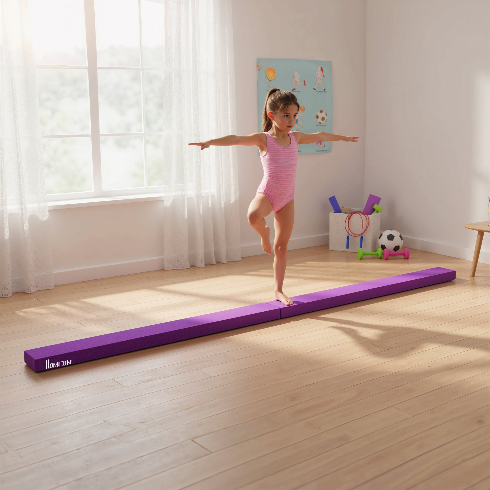 HOMCOM 2.4M 8FT Gymnastics Folding Balance Beam Home Gym Training Exercise Sports - Purple