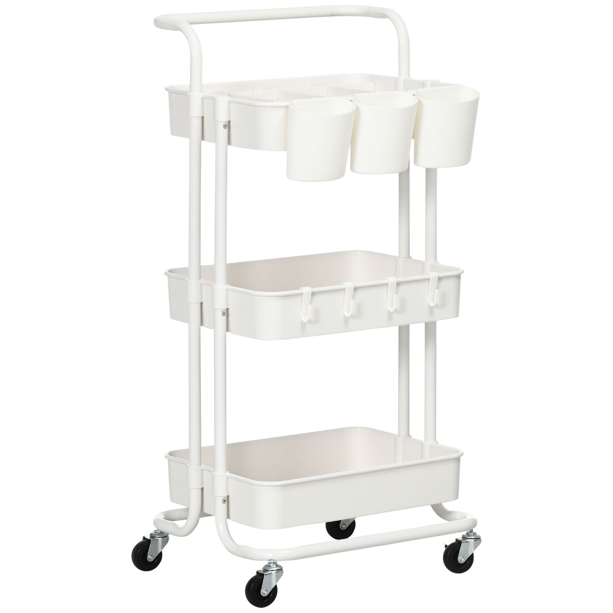 HOMCOM Three-Tier Home Trolley, with Handle and Wheels - White - North Peak Garden Furniture