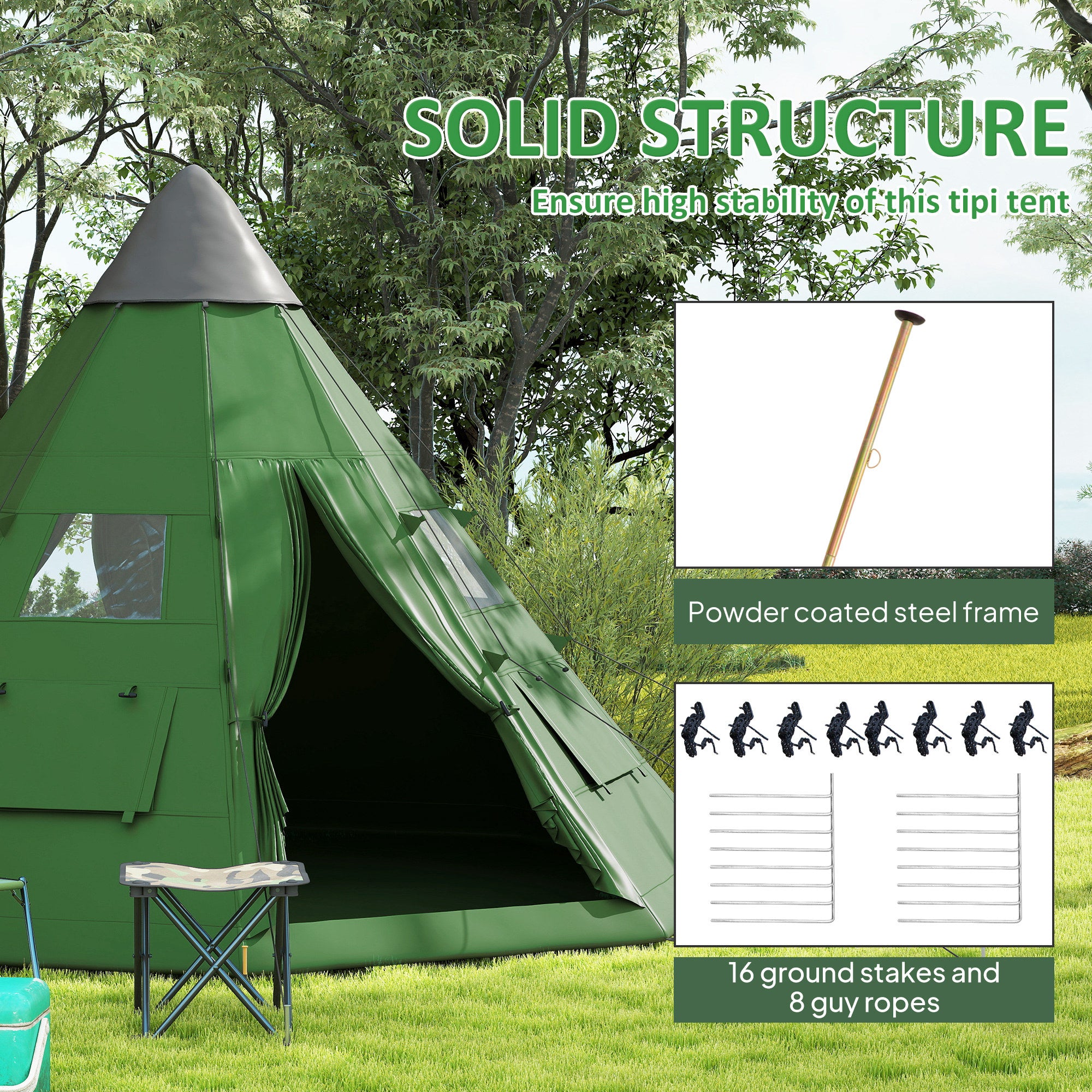 Outsunny 6 Men Tipi Tent with Carry Bag - Green - North Peak Garden Furniture