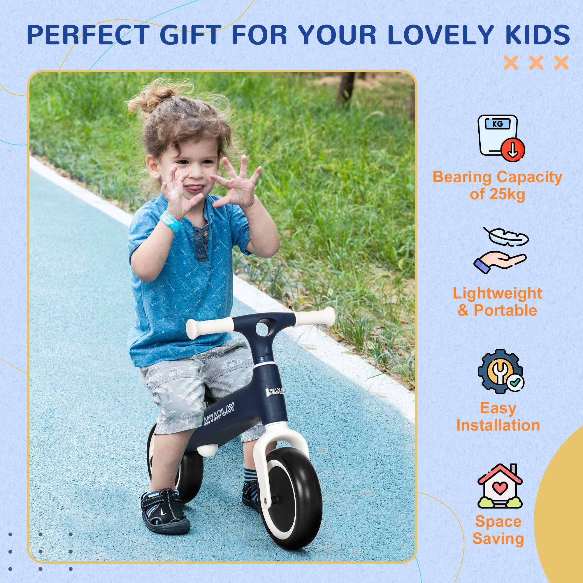 AIYAPLAY Baby Balance Bike, with Adjustable Seat, for 1.5-3 Years - Blue - North Peak Garden Furniture