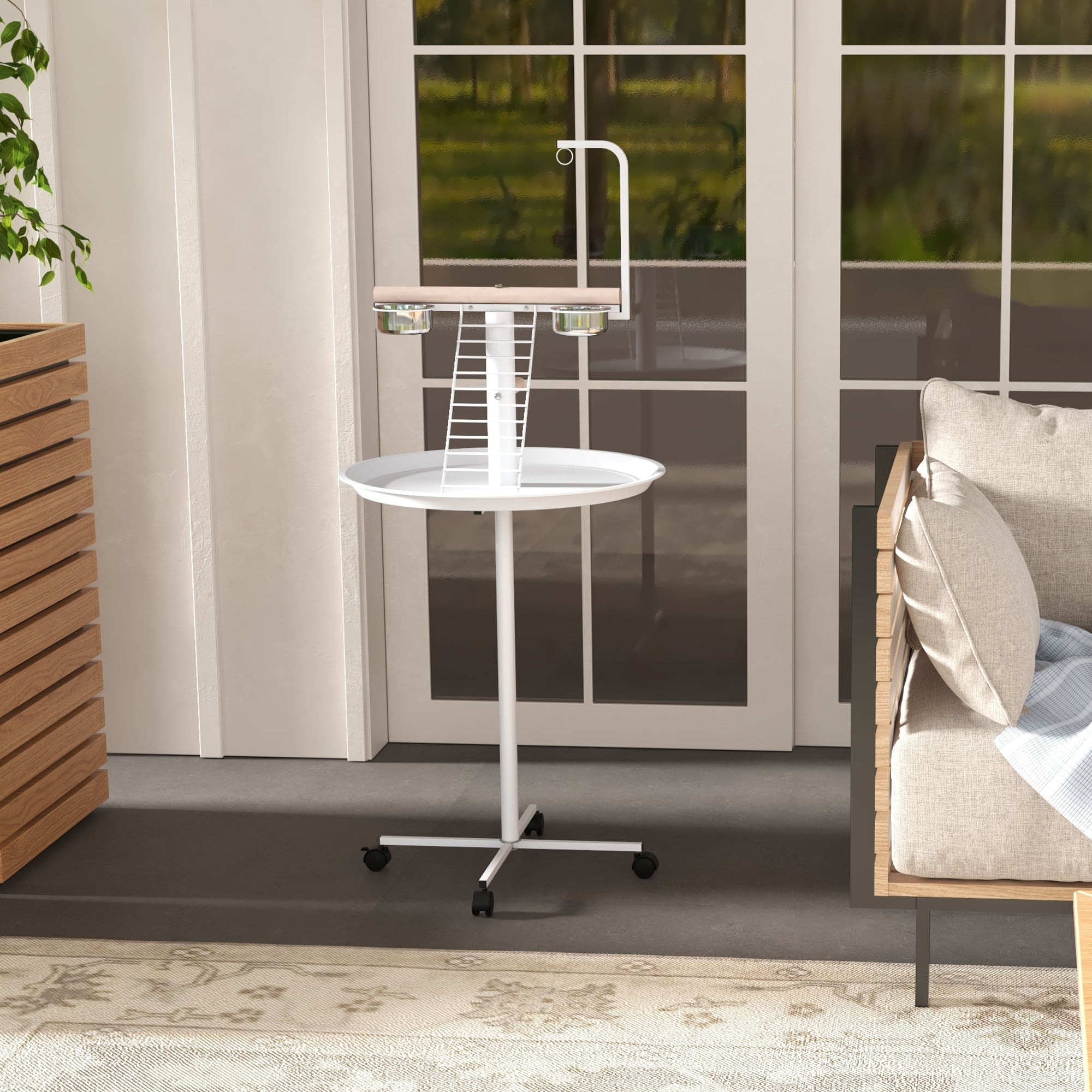 PawHut Bird Stand with Four Wheels, Perches, Stainless Steel Feed Bowls, Round Tray, for Garden, Indoor, Outdoor - White - North Peak Garden Furniture
