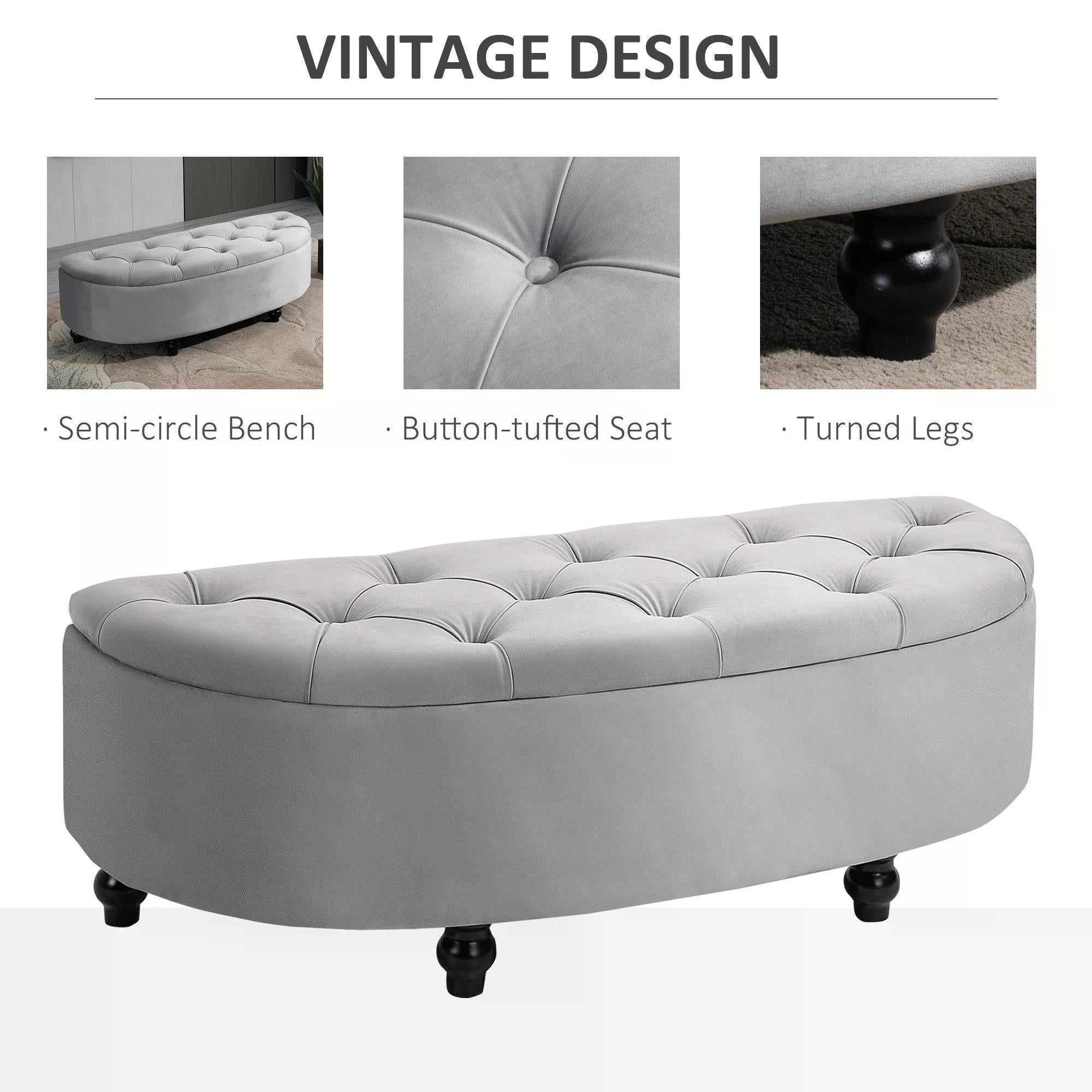 HOMCOM Semi-Circle Bed End Bench Ottoman with Storage Tufted Upholstered Accent Seat Footrest Stool with Rubberwood Legs for Bedroom & Entryway, Light Grey