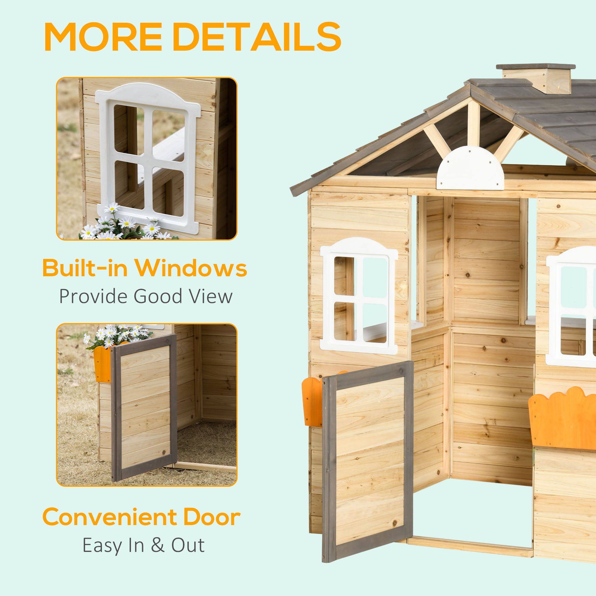 Outsunny Wooden Playhouse for Kids Outdoor Wendy House with Door, windows, Bench, Service Stations, Flowerpot Holder, For Ages 3-7 Years - North Peak Garden Furniture