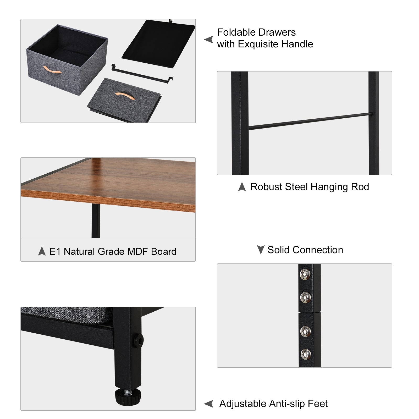 HOMCOM Chest of Drawers with Coat rack Steel Frame 5 Drawers Bedroom Hallway Home Furniture Black Brown - North Peak Garden Furniture