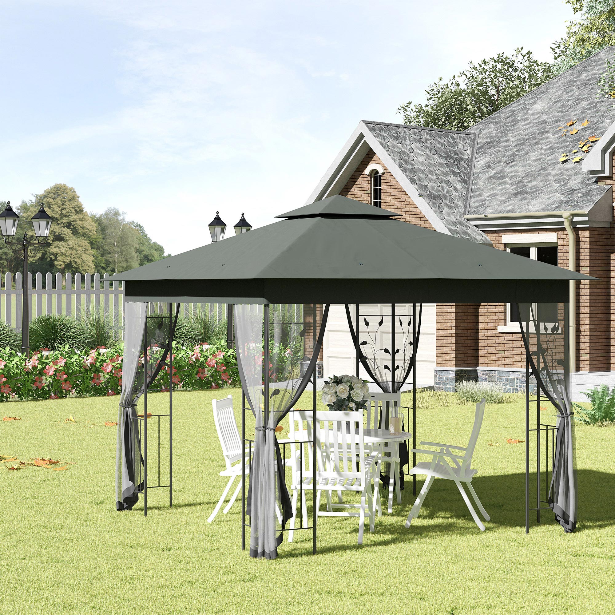 Outsunny 3 x 3(m) Steel Frame Double Roof Garden Gazebo - Grey - North Peak Garden Furniture