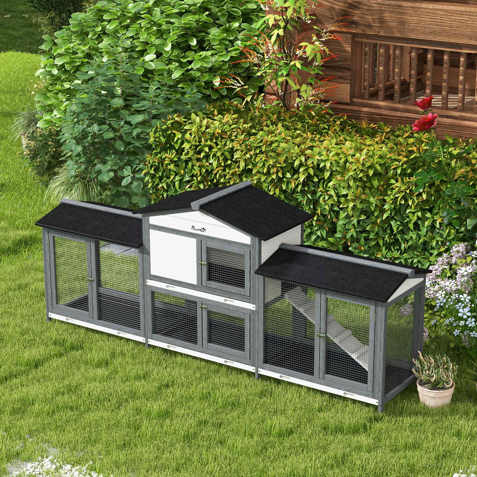 PawHut 2-Tier Large Rabbit Hutch Outdoor with Double Side Run Boxes, No-leak Plastic Tray, Ramp, 230 x 53 x 93.5cm, Light Grey - North Peak Garden Furniture